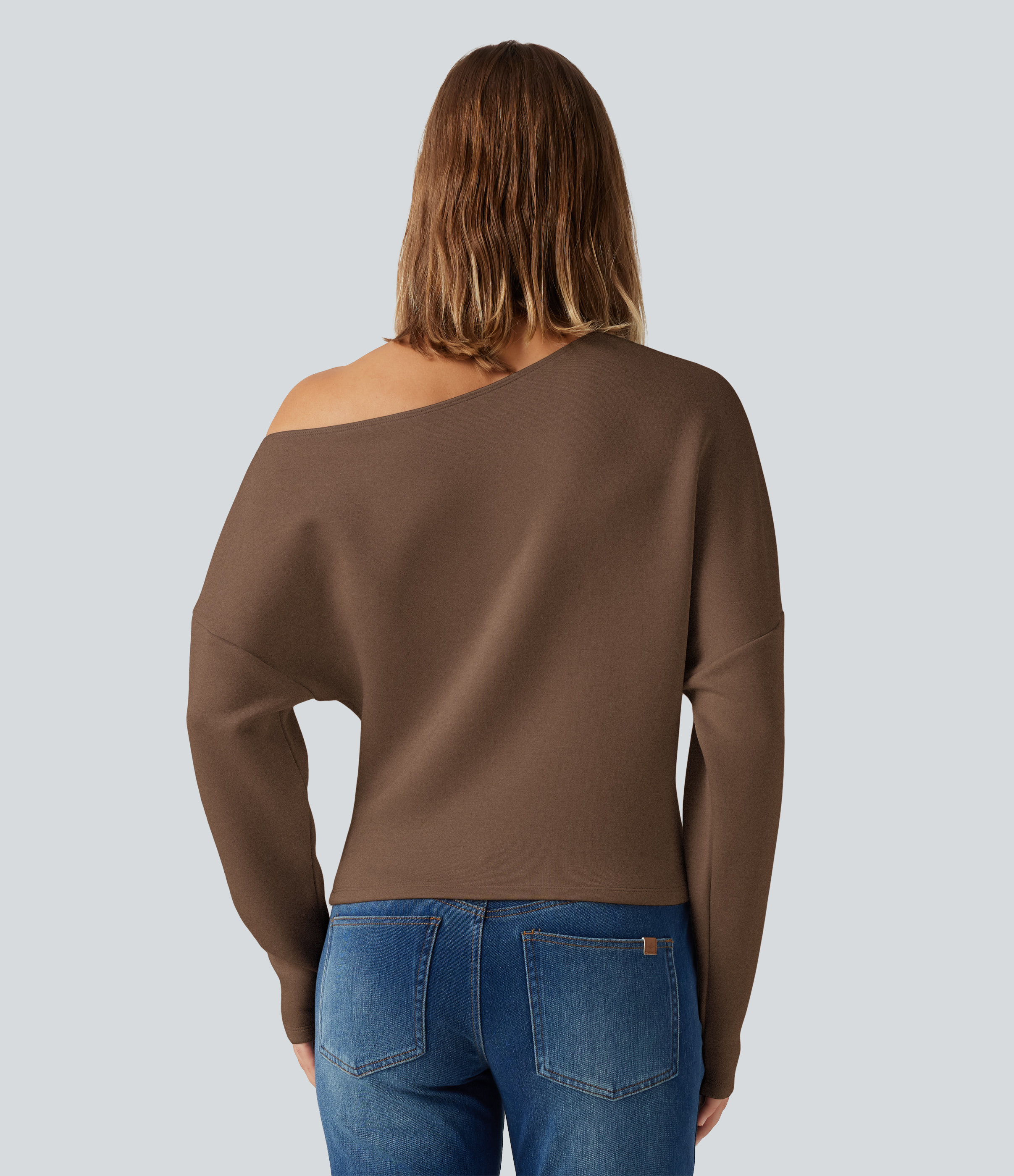 Cocoa Brown SpacerTek™ One Shoulder Batwing Long Sleeve Asymmetric Casual Sweatshirts / 2