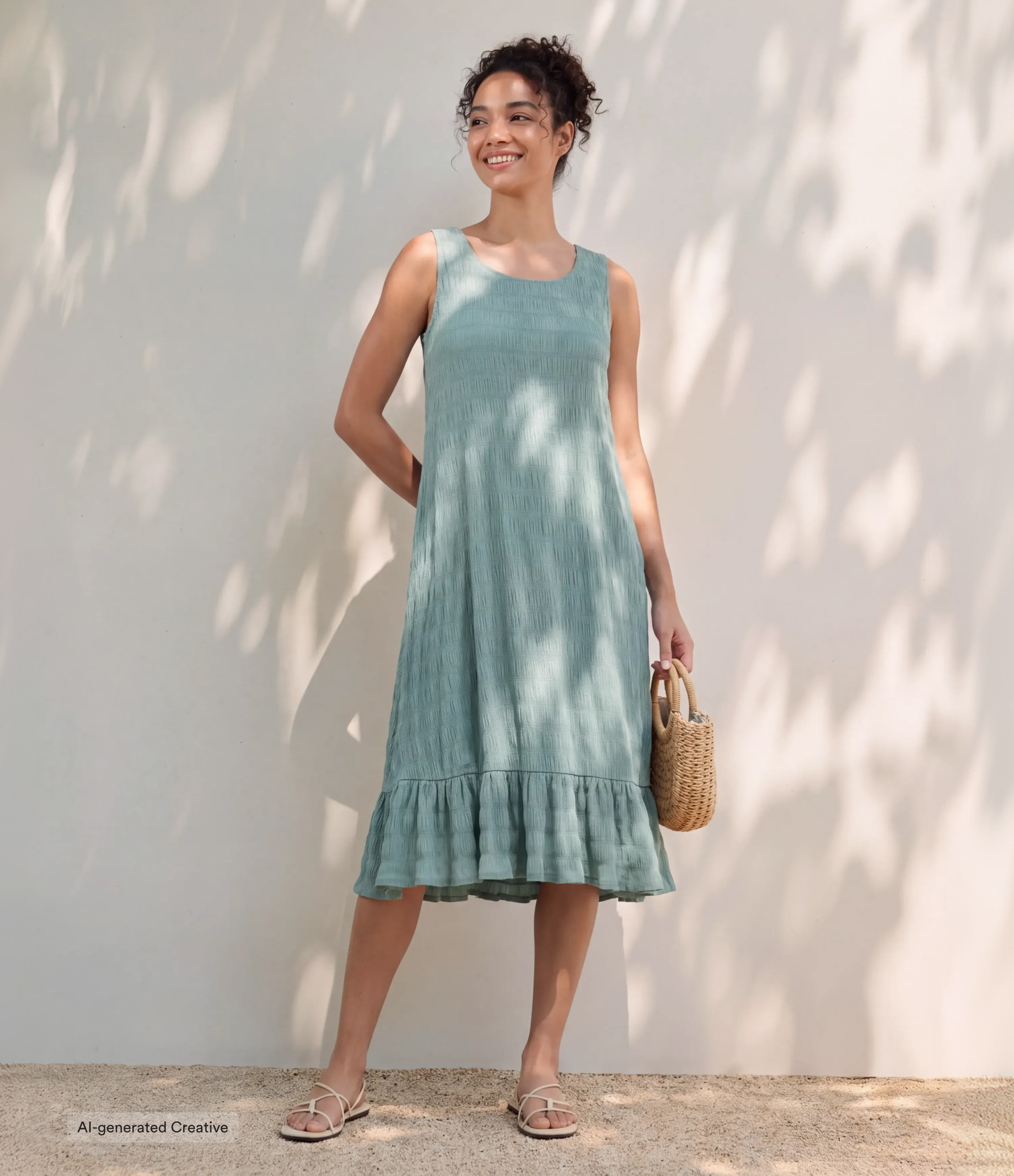 Round Neck Built-in Bra Sleeveless Ruffle Hem Midi Casual Dress