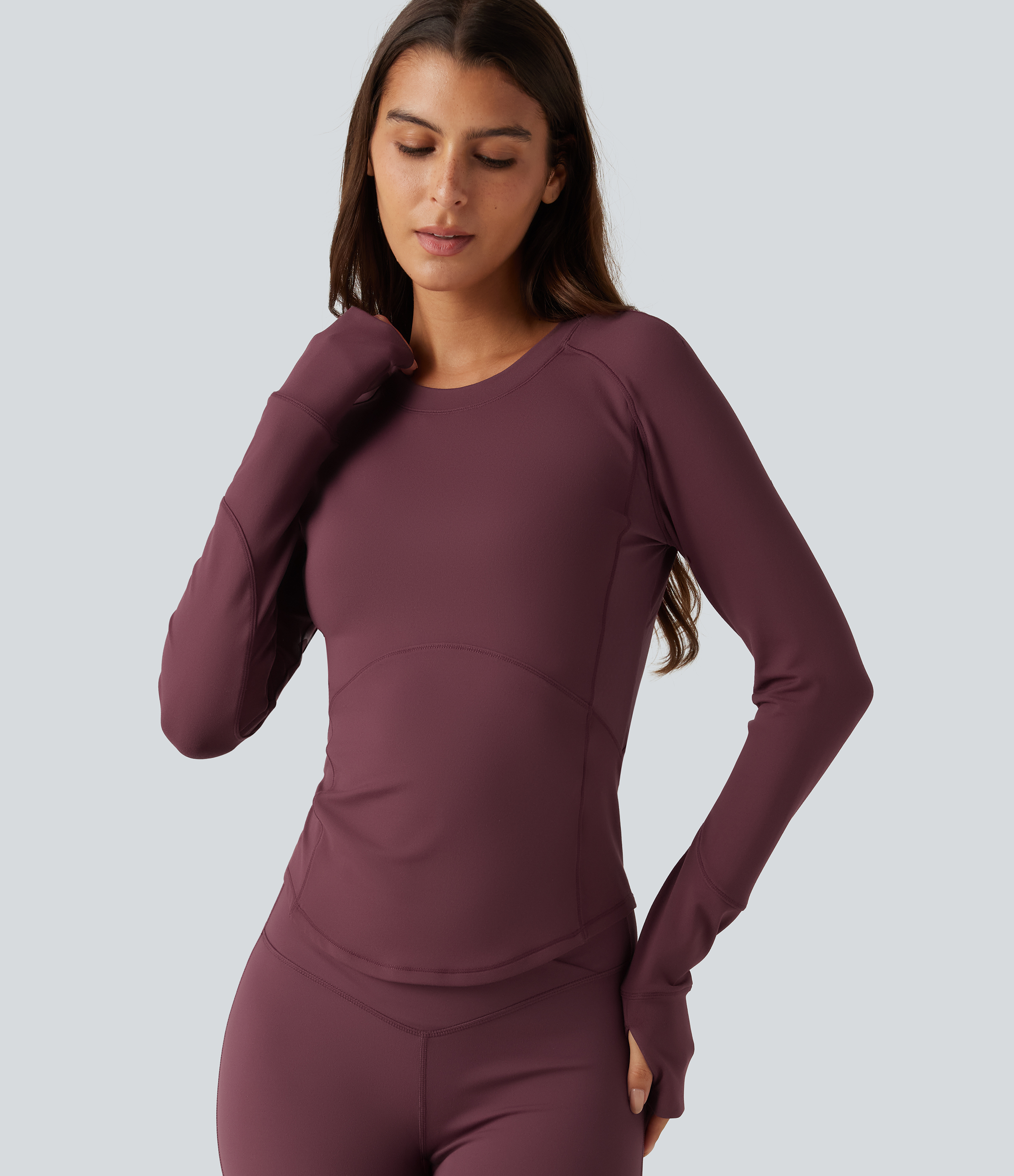 Round Neck Long Sleeve Contrast Mesh Thumb Hole Curved Hem Quick Dry Yoga Sweatshirt