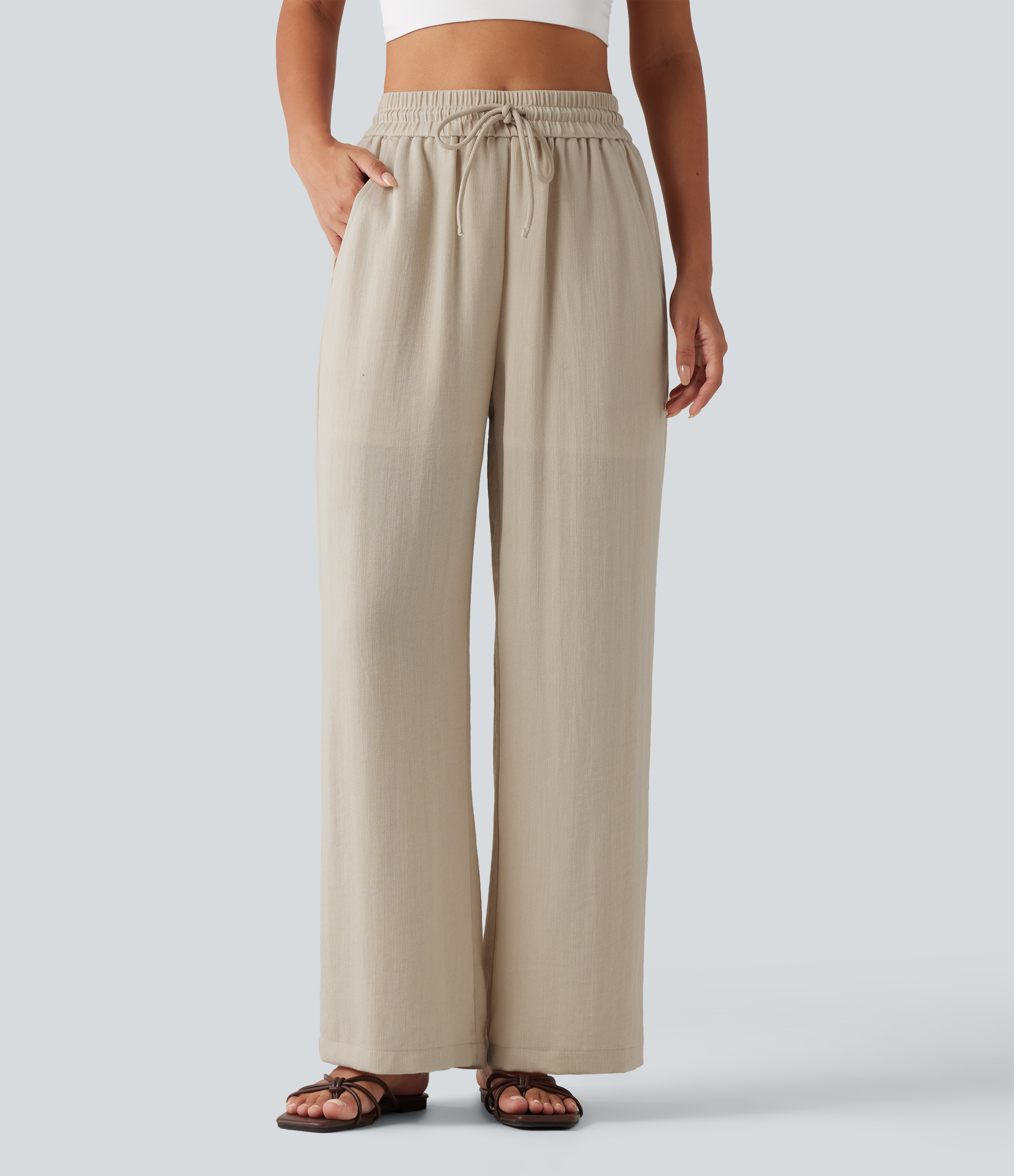 High Waisted Drawstring Wide Leg 2-in-1 Linen-Feel Casual Pants with Pockets