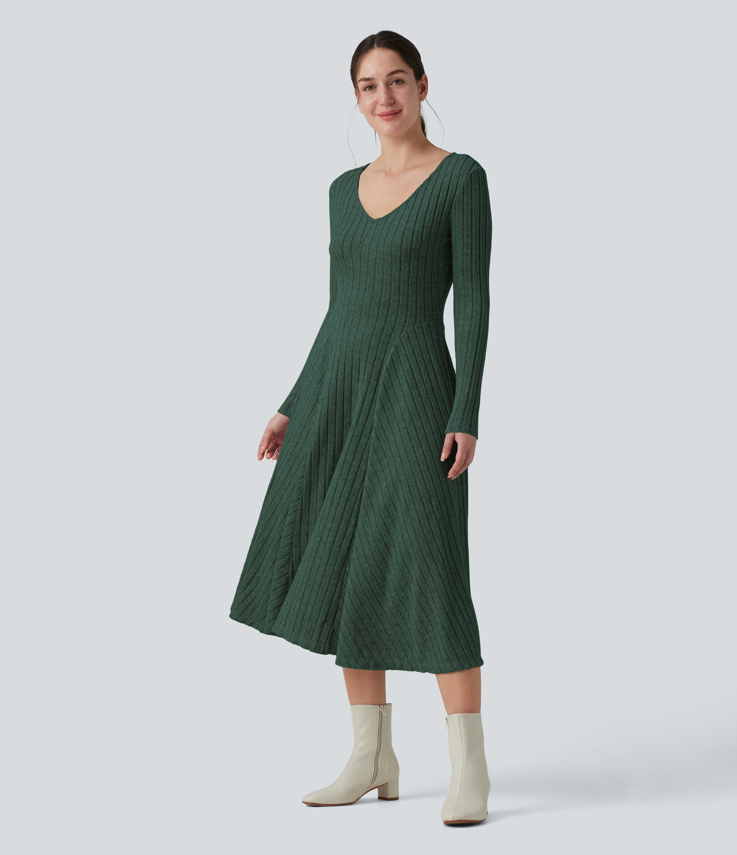 Robe midi décontractée en maille côtelée, col en V, manches longues, coupe évasée, avec poches