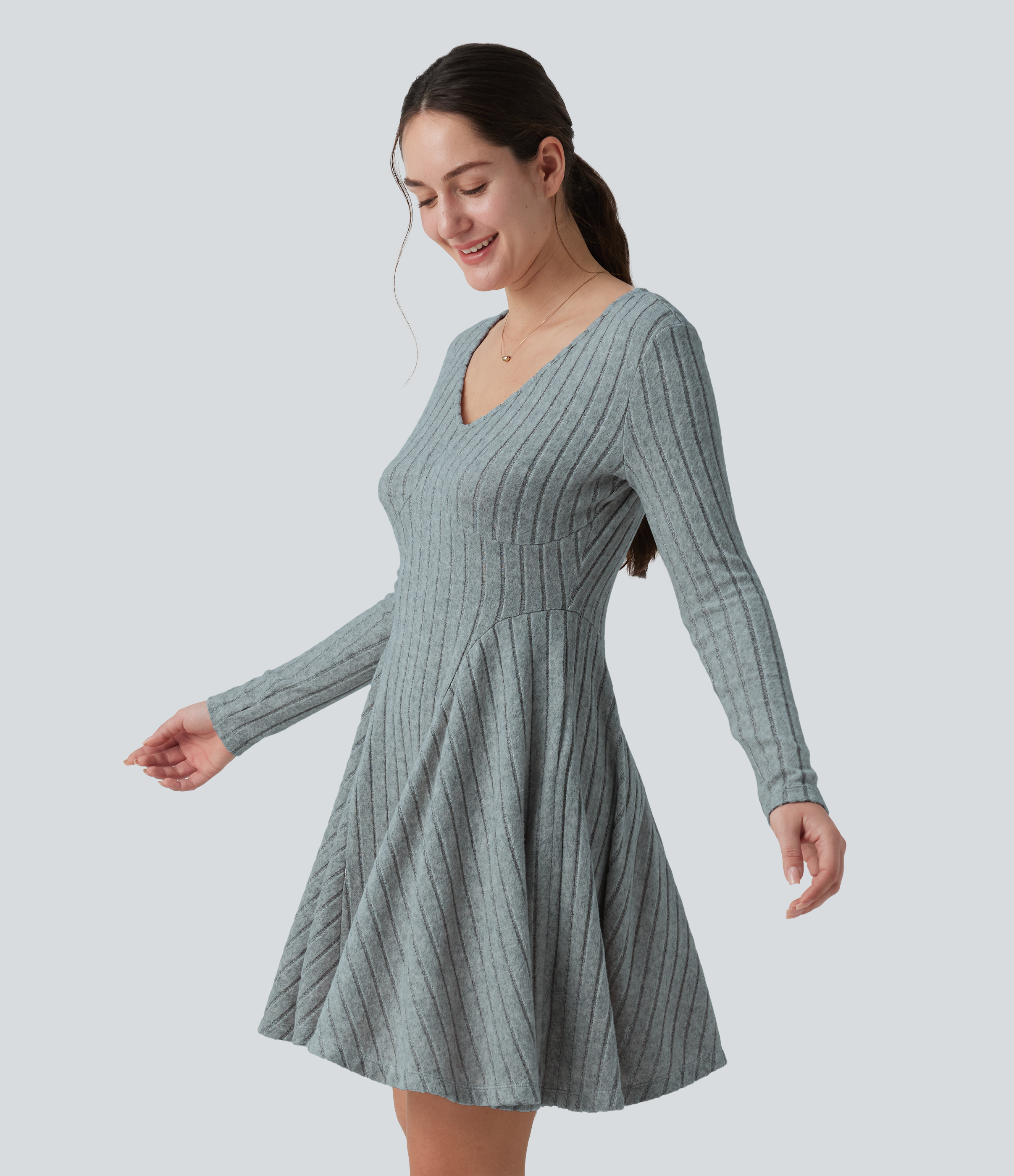 Ribbed Knit V Neck Long Sleeve Flare Mini Casual Dress with Pockets
