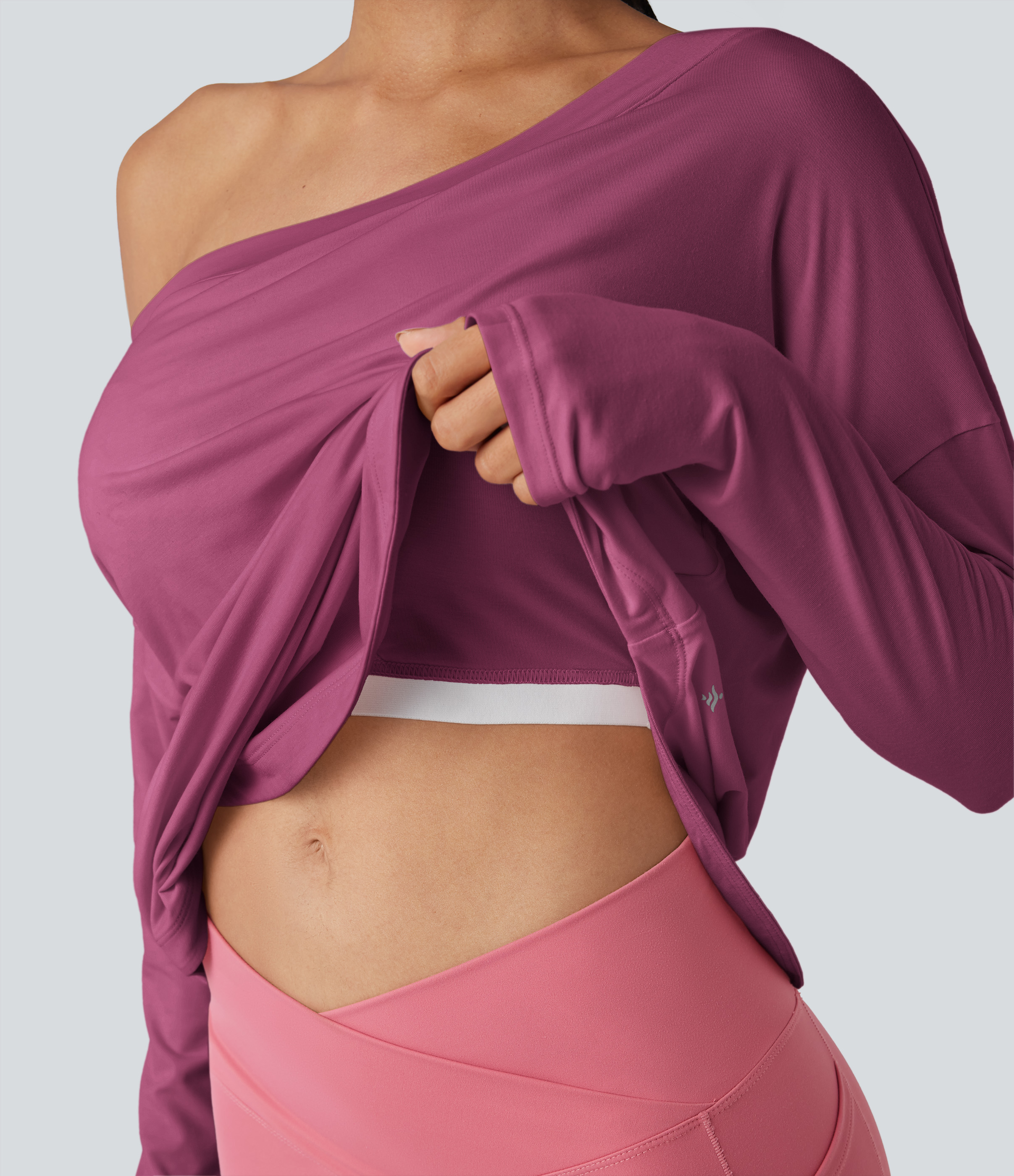 One Shoulder Long Sleeve Thumb Hole Curved Hem High Low Quick Dry Yoga Sports Top-Built-in Bra