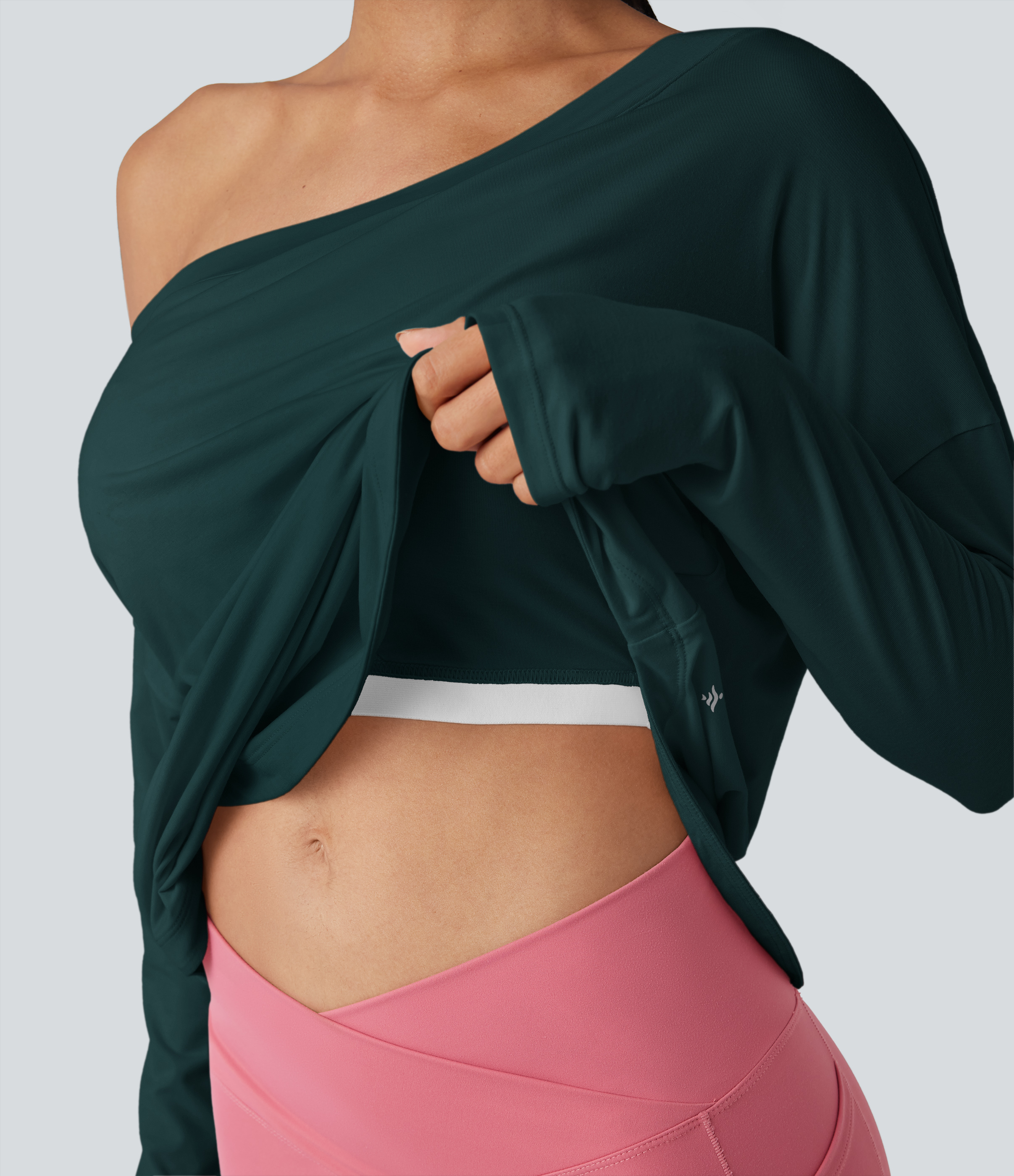Yoga-Sport-Top mit integriertem BH, One-Shoulder-Design, langen Ärmeln, Daumenlöchern und gebogenem Saum - schnelltrocknend