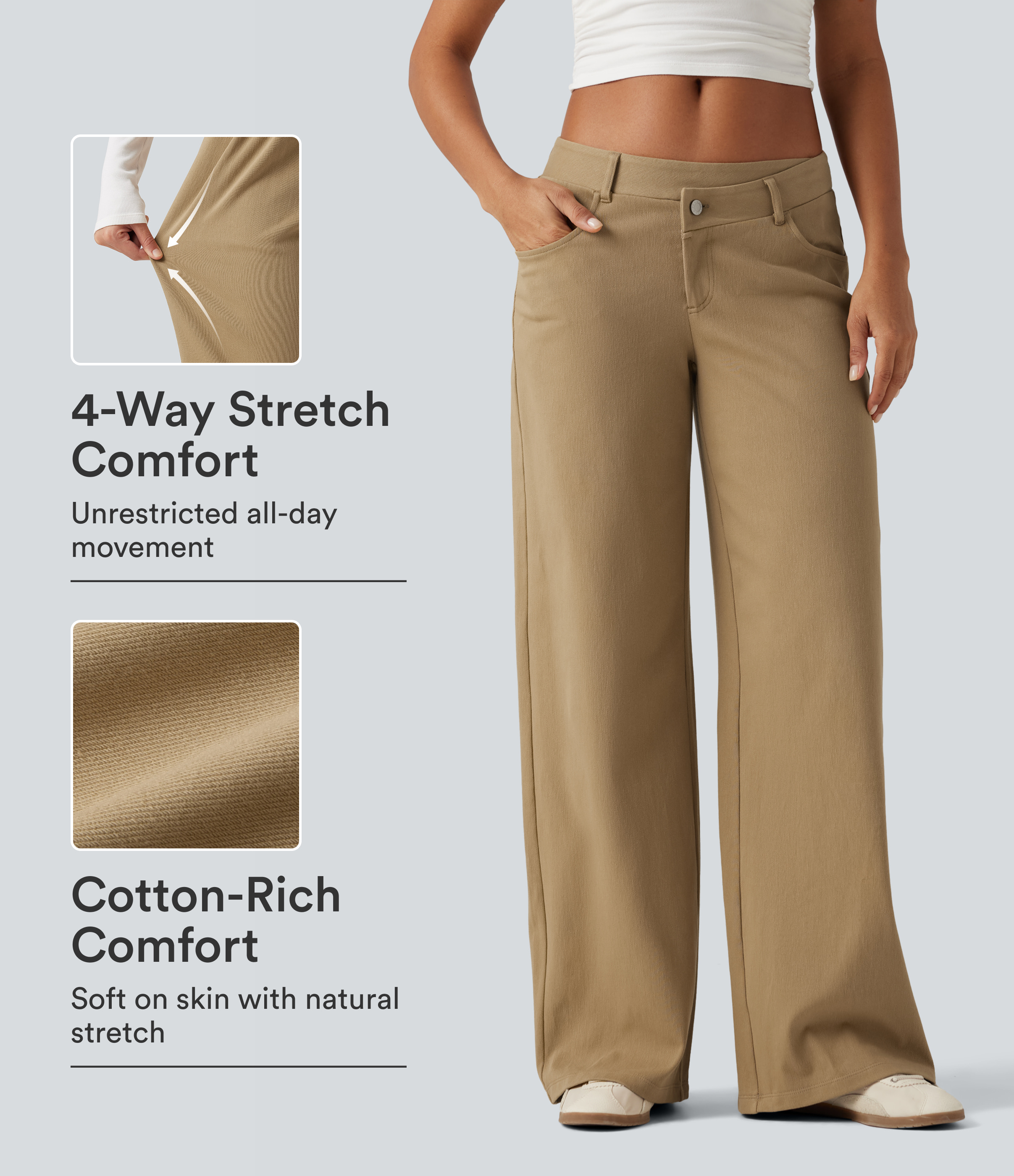 Low Rise Asymmetric Wide Leg Casual Cotton Pants with Pockets