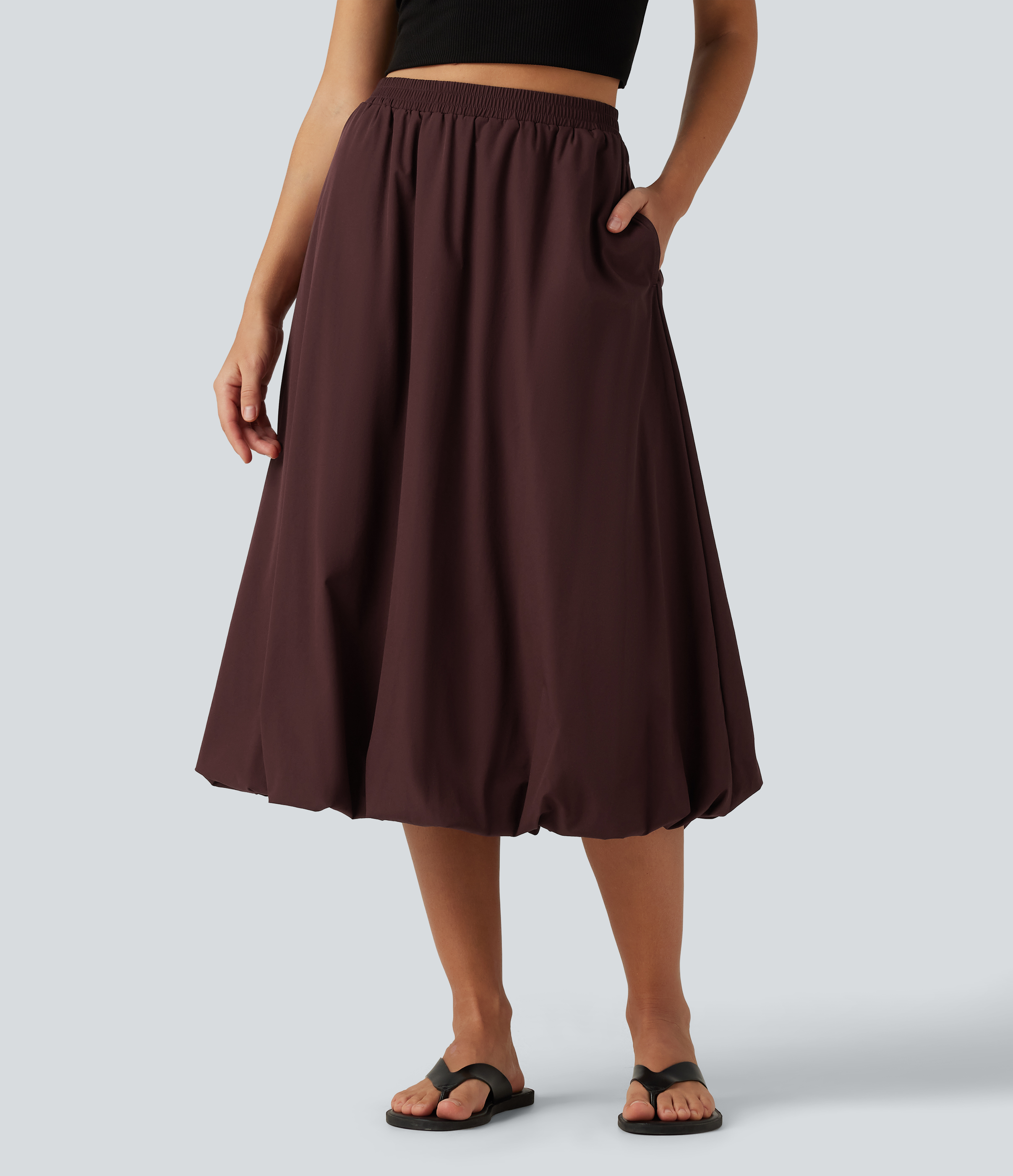 High Waisted A-Line Midi Casual Skirt with Pockets