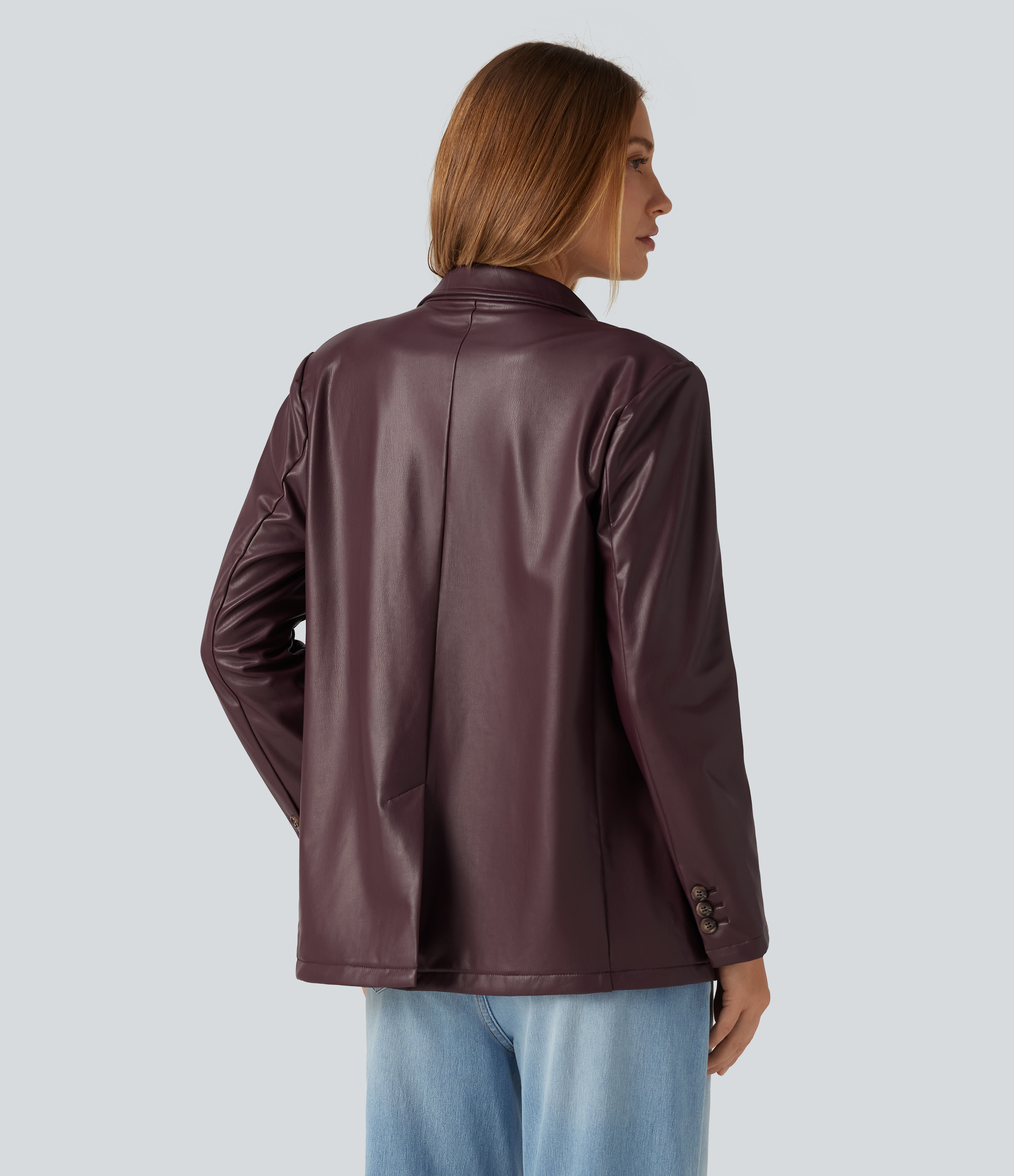 Windsor Wine Notched Collar Long Sleeve PU Casual Blazer with Pockets / 2
