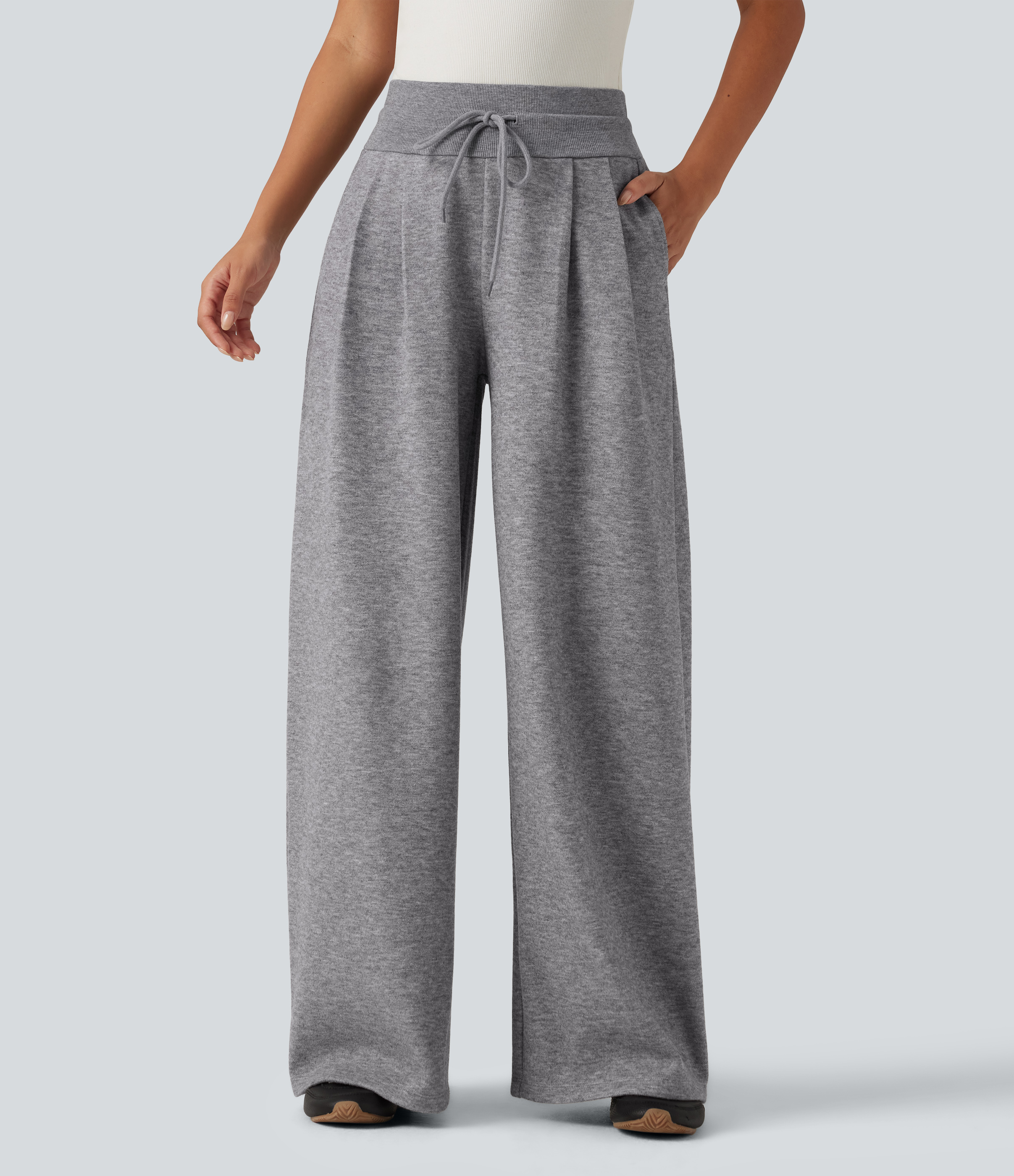 High Waisted Drawstring Wide Leg Casual Pants with Pockets