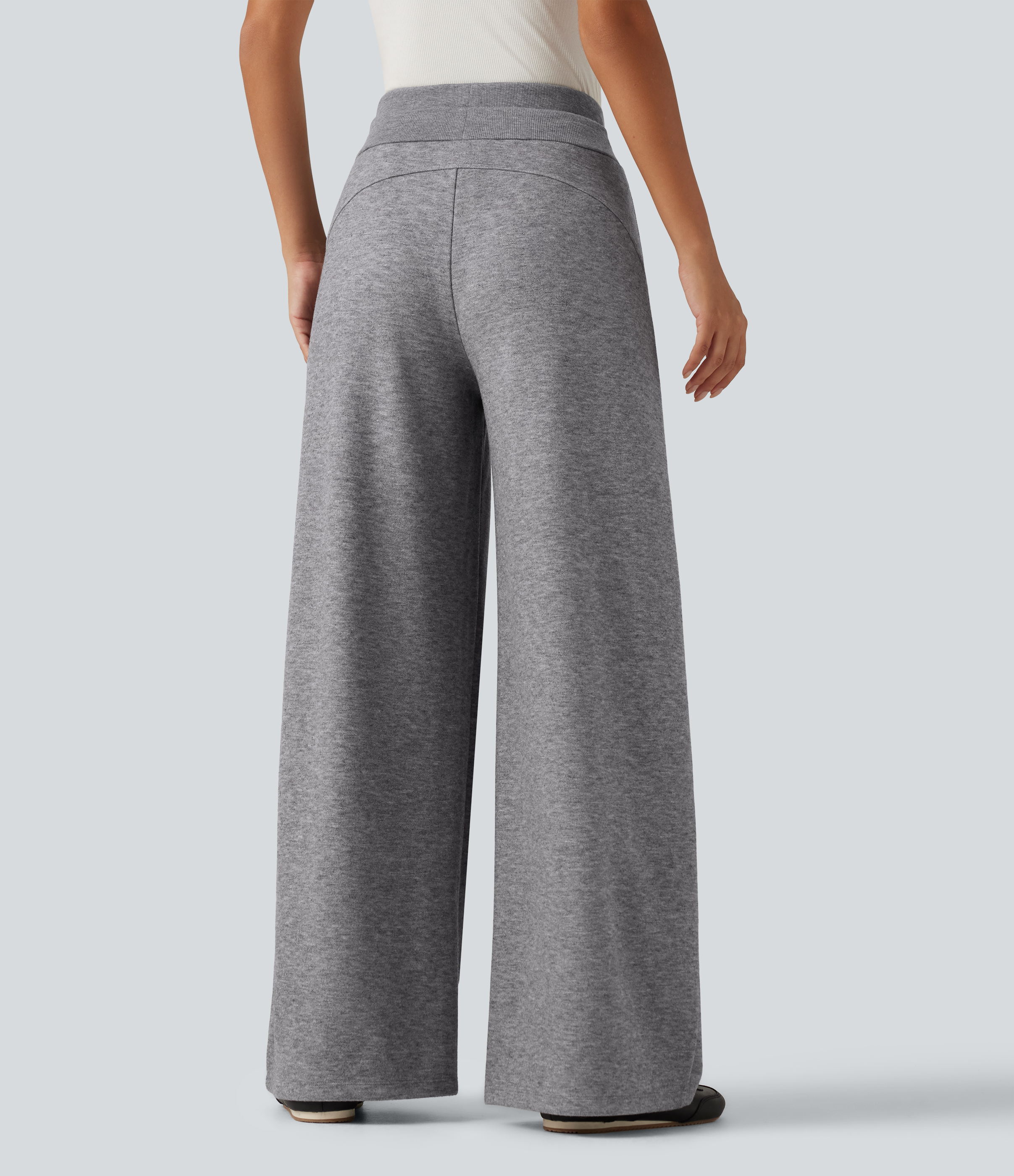 Fog Gray High Waisted Drawstring Wide Leg Casual Pants with Pockets / 2