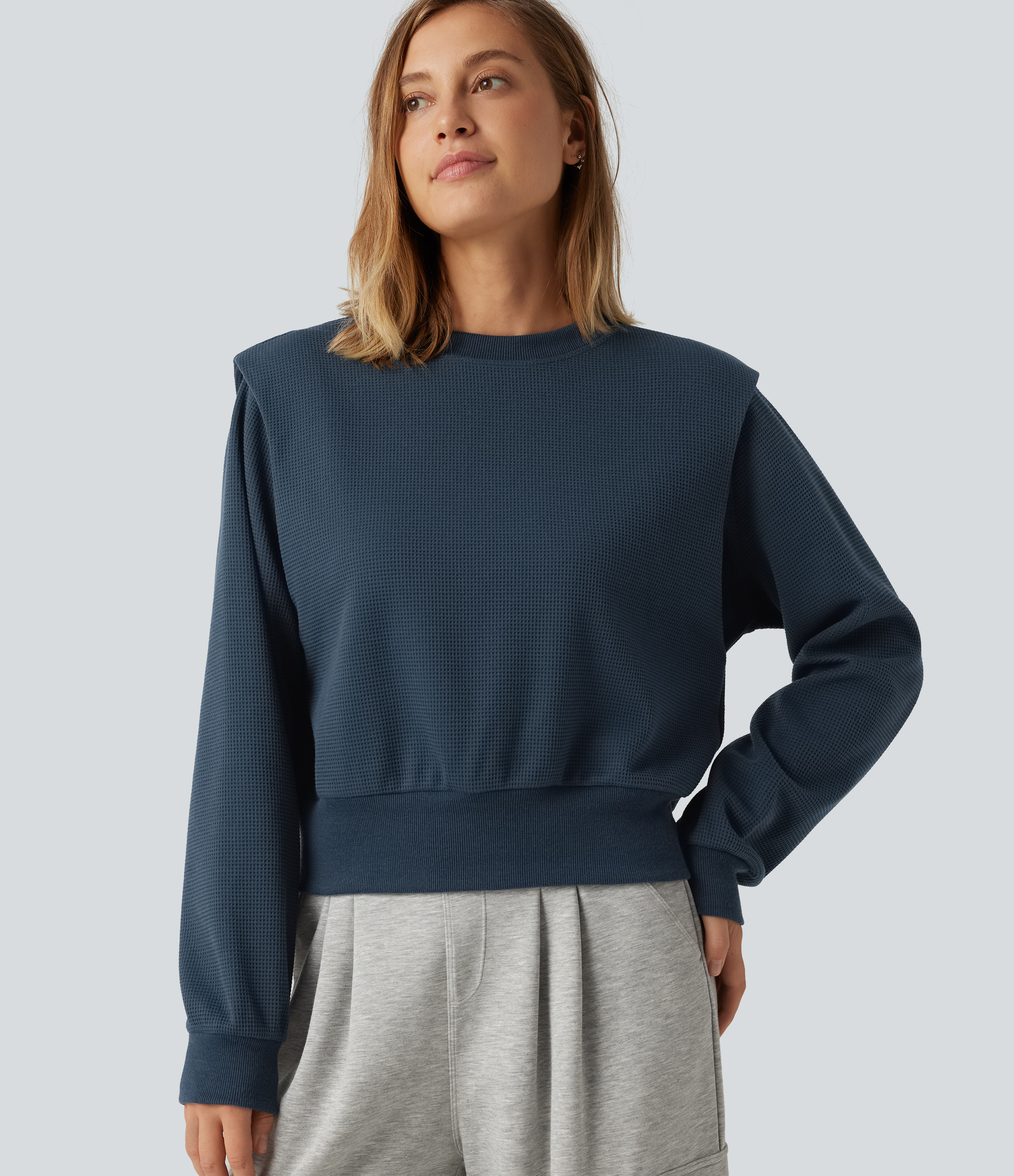 Round Neck Long Sleeve Waffle Casual Sweatshirt