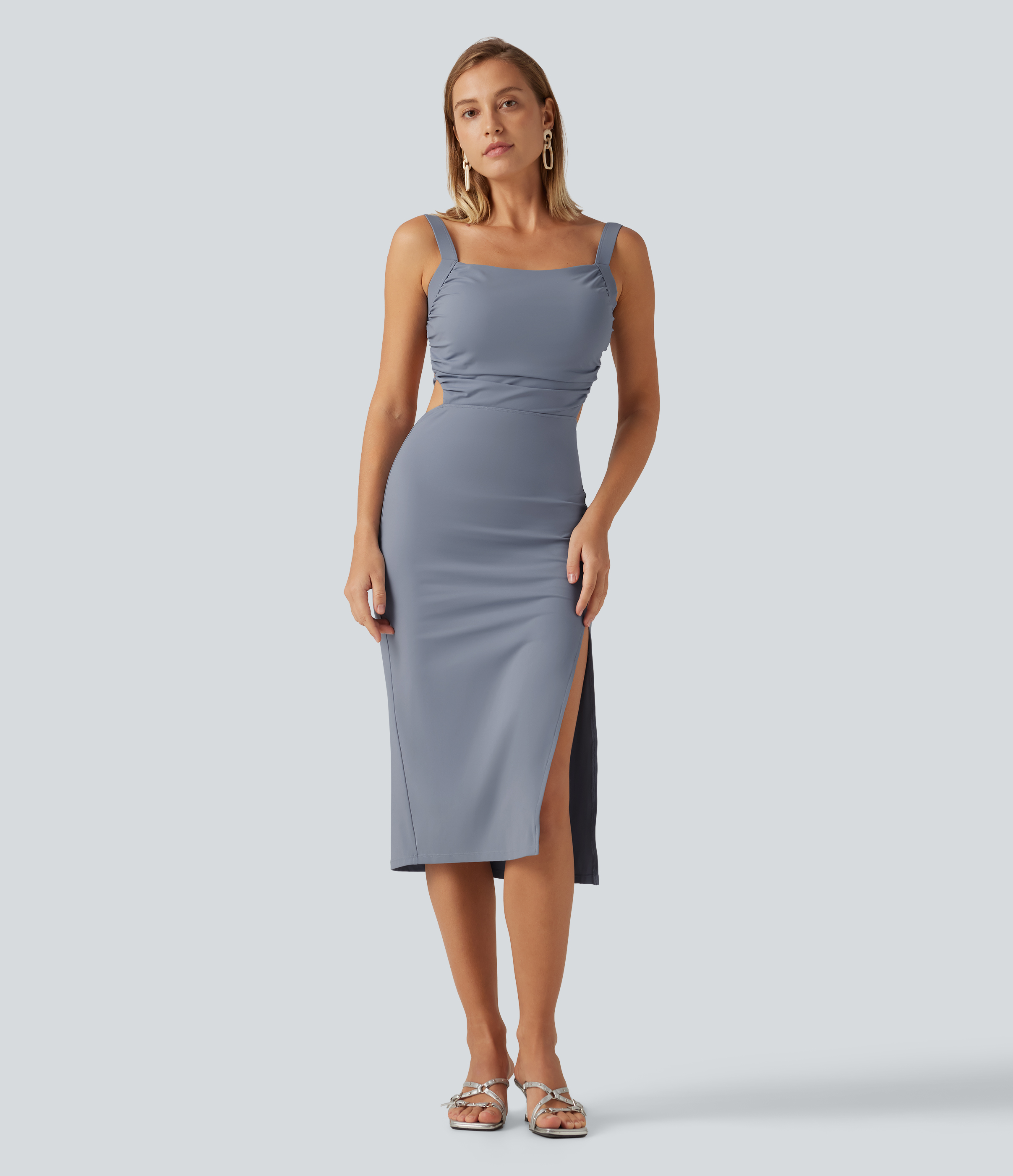 Snowflake Blue Gerafftes, geschnürtes Bodycon-Midi-Partykleid für Körbchengrößen DD-F / 2