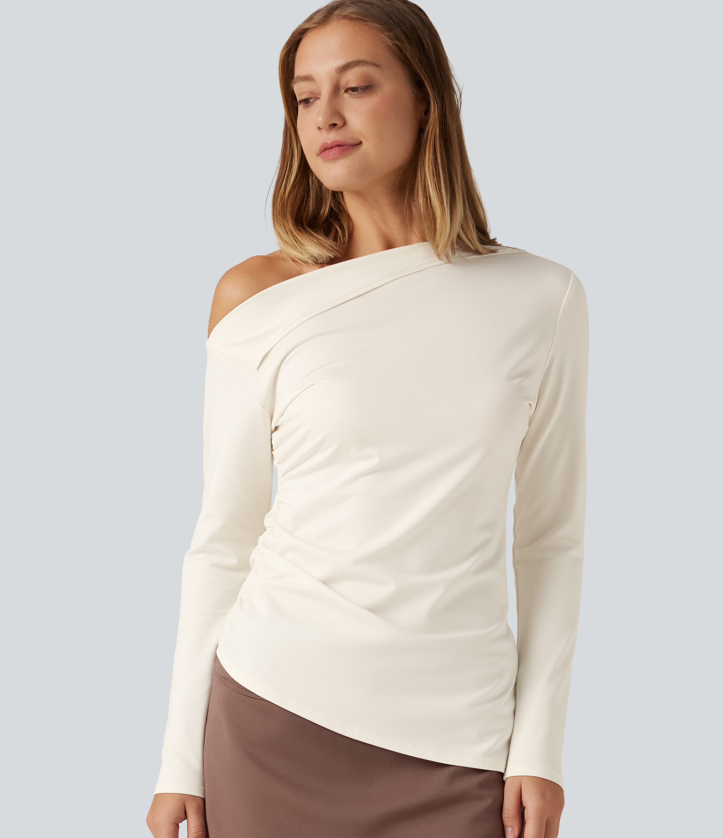 One Shoulder Long Sleeve Ruched Asymmetric Hem Casual Top