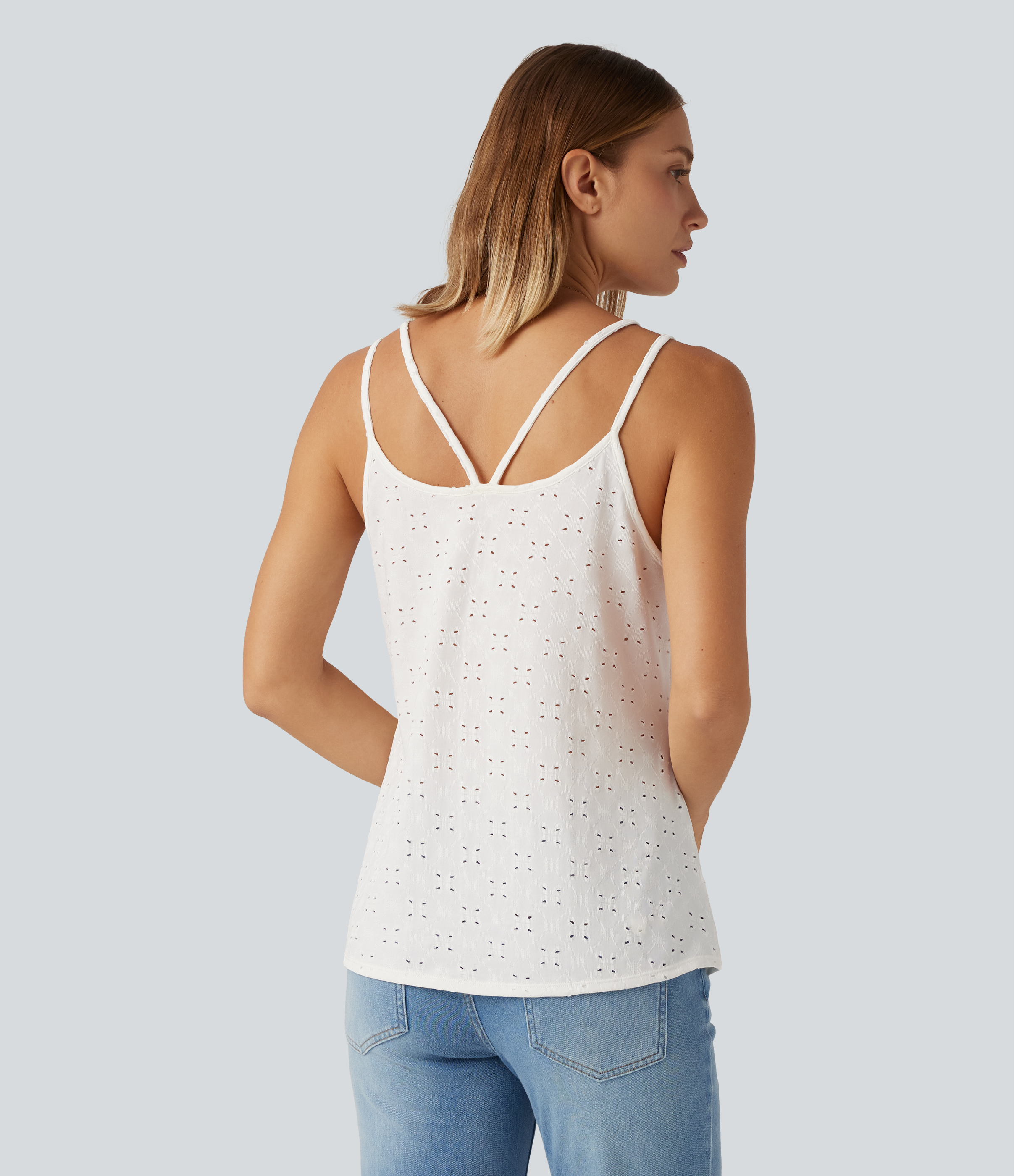 Hvit Avslappet singlet med U-hals, maljer og avrundet kant / 2