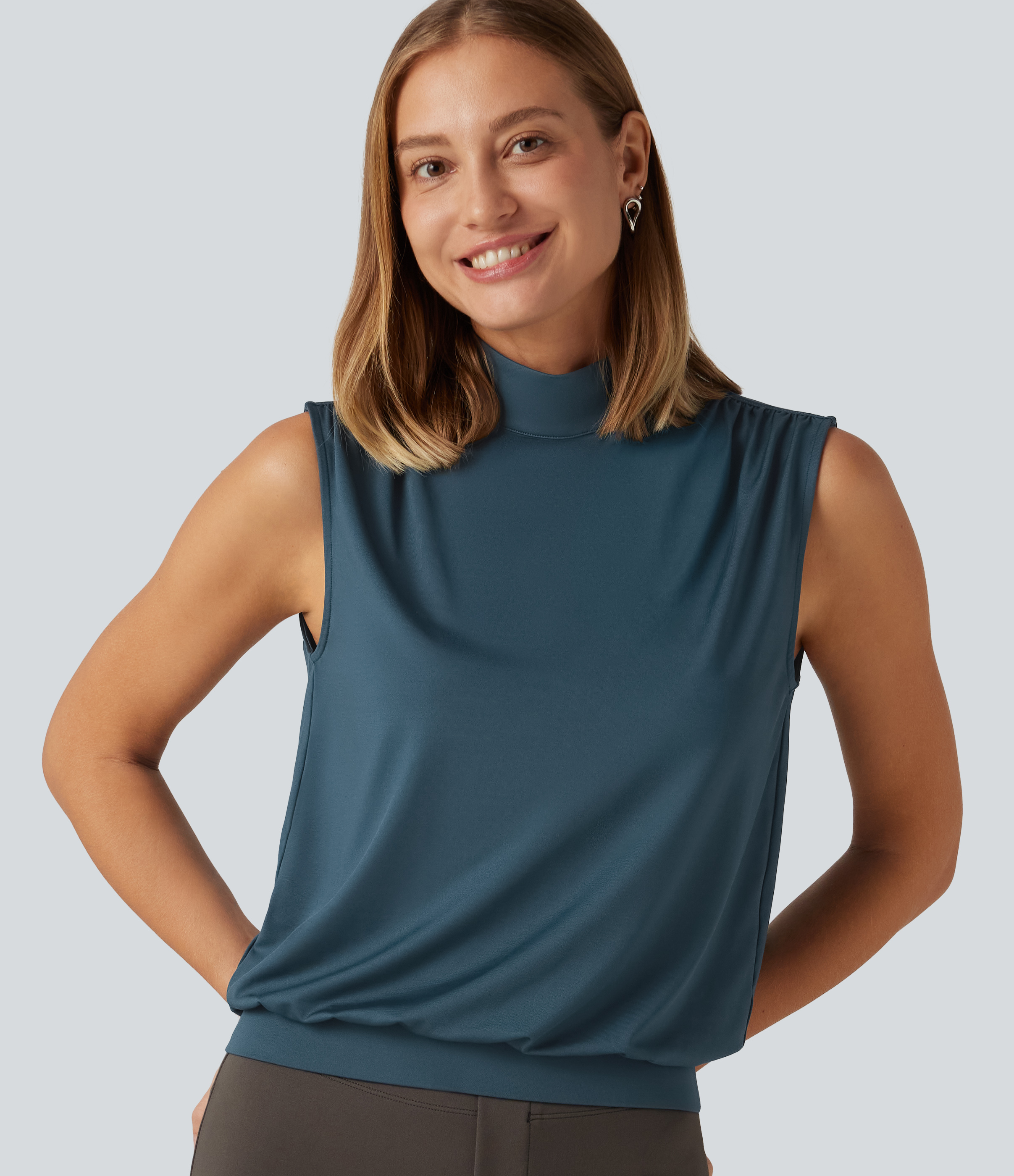 Stand Collar Ruched Work Tank Top