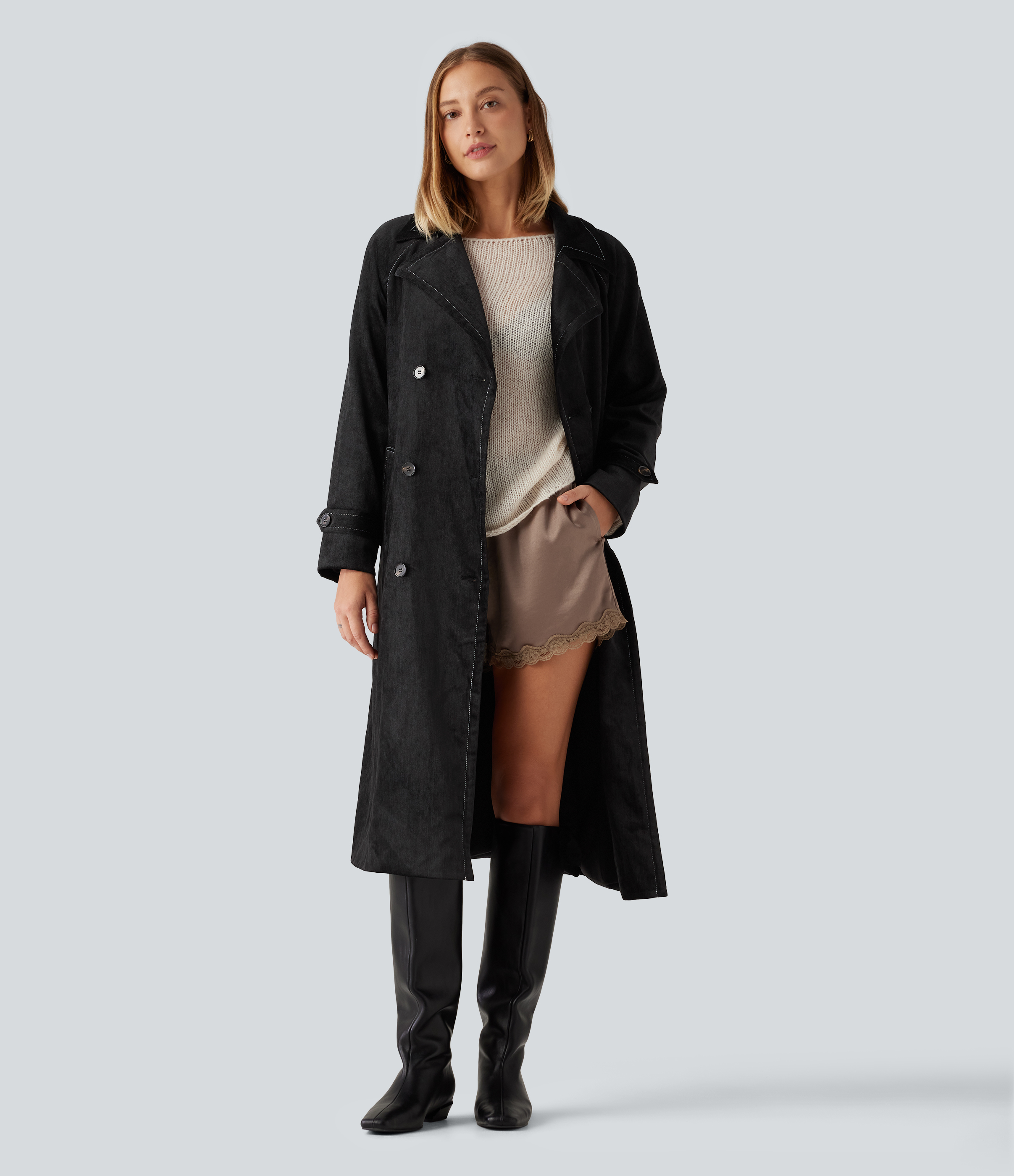Long Sleeve Belted Longline Work Jacket with Pockets