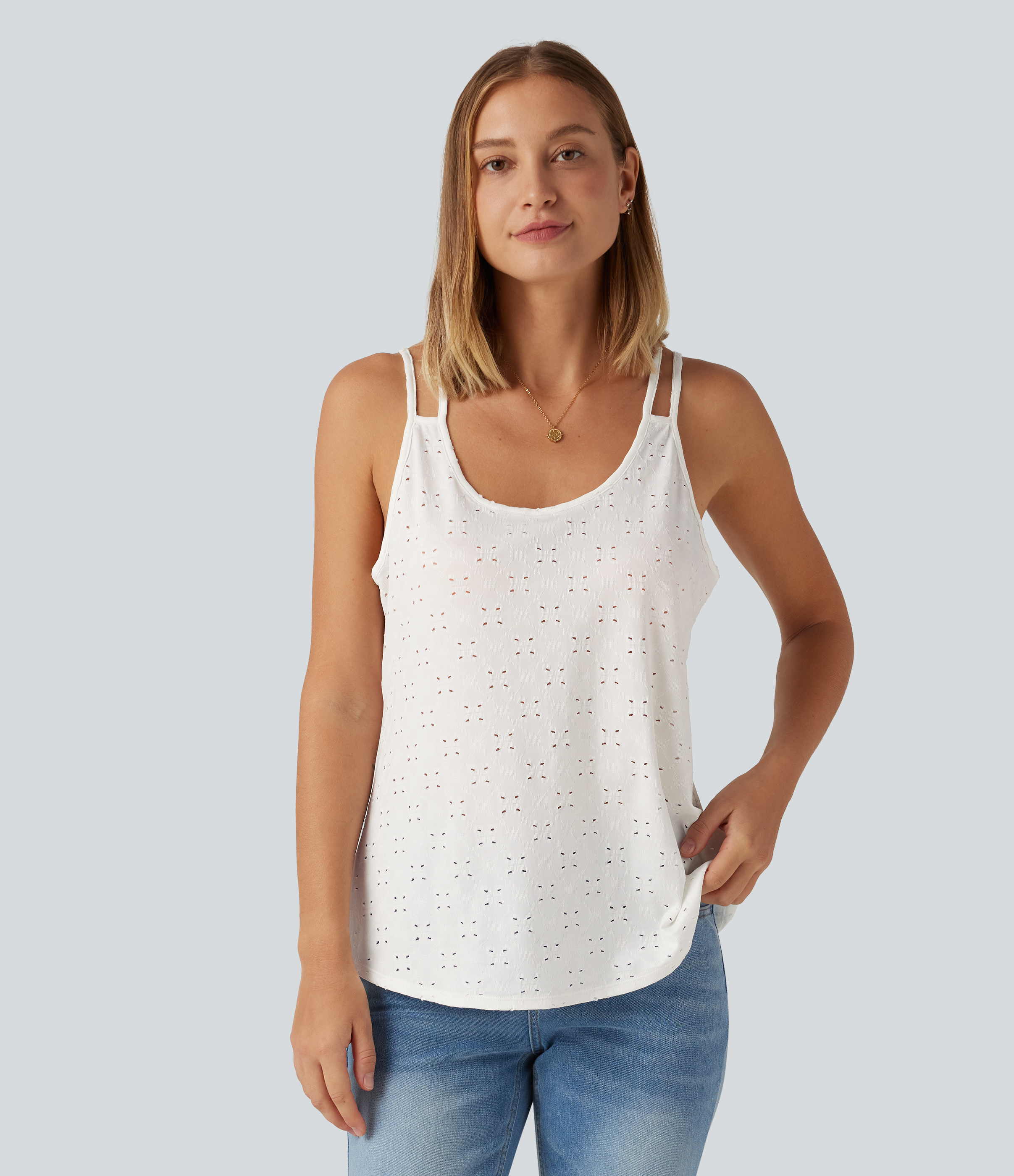 U Neck Eyelet Curved Hem Casual Tank Top