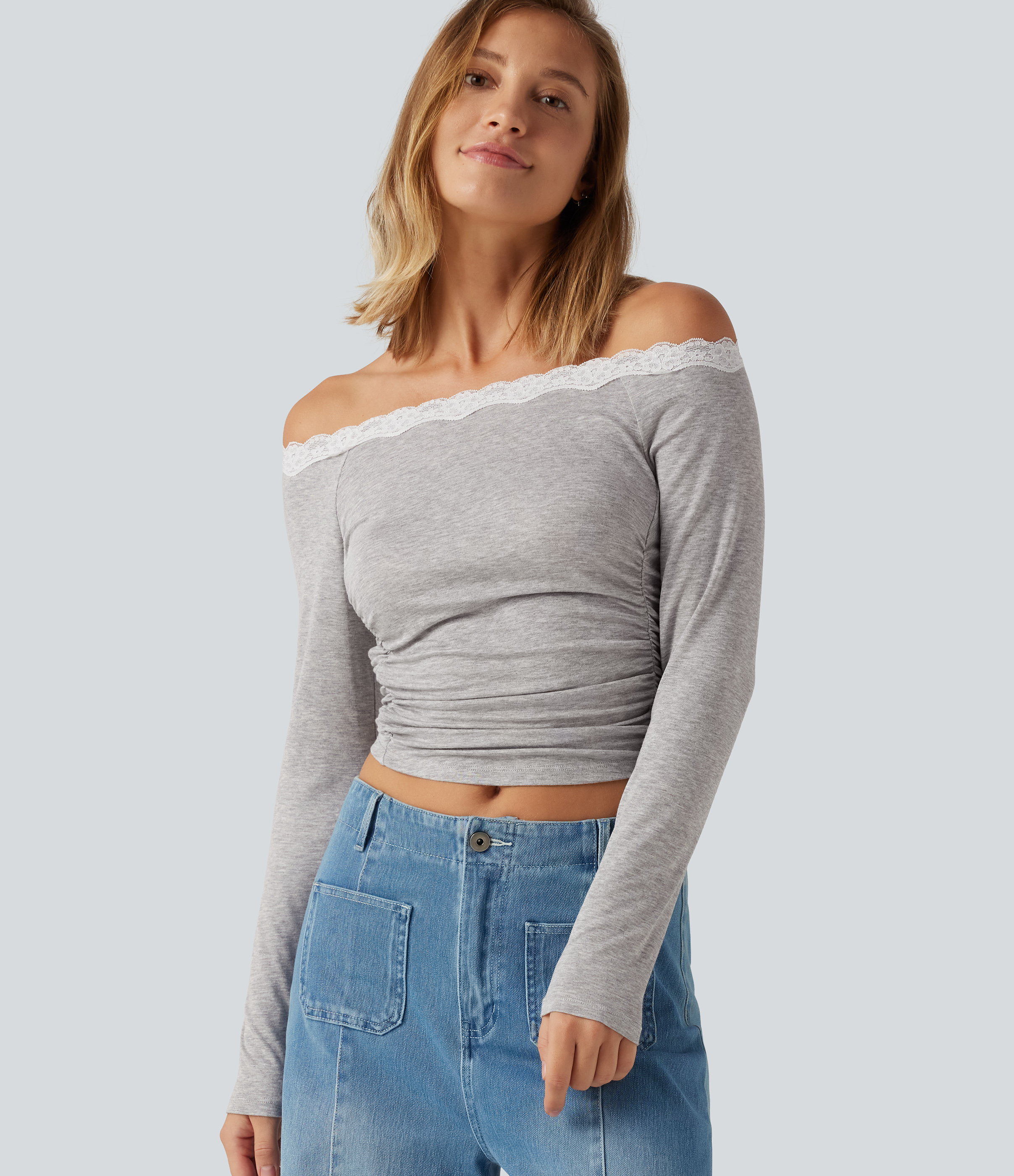 Ribbed Off Shoulder Long Sleeve Ruched Contrast Lace Casual Top