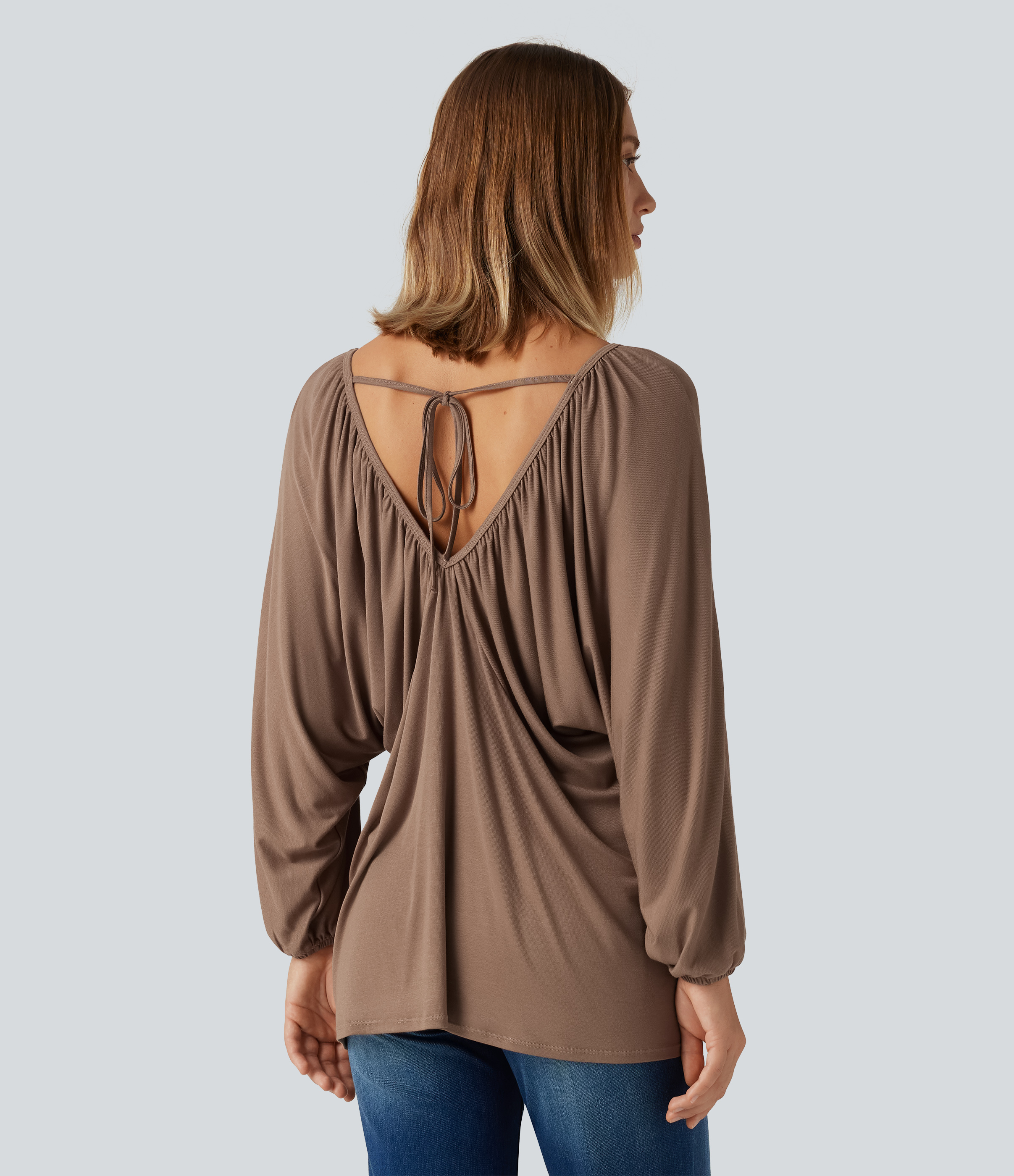 Beaver Fur V Neck Batwing Long Sleeve Tie Ruched Casual Blouse / 2