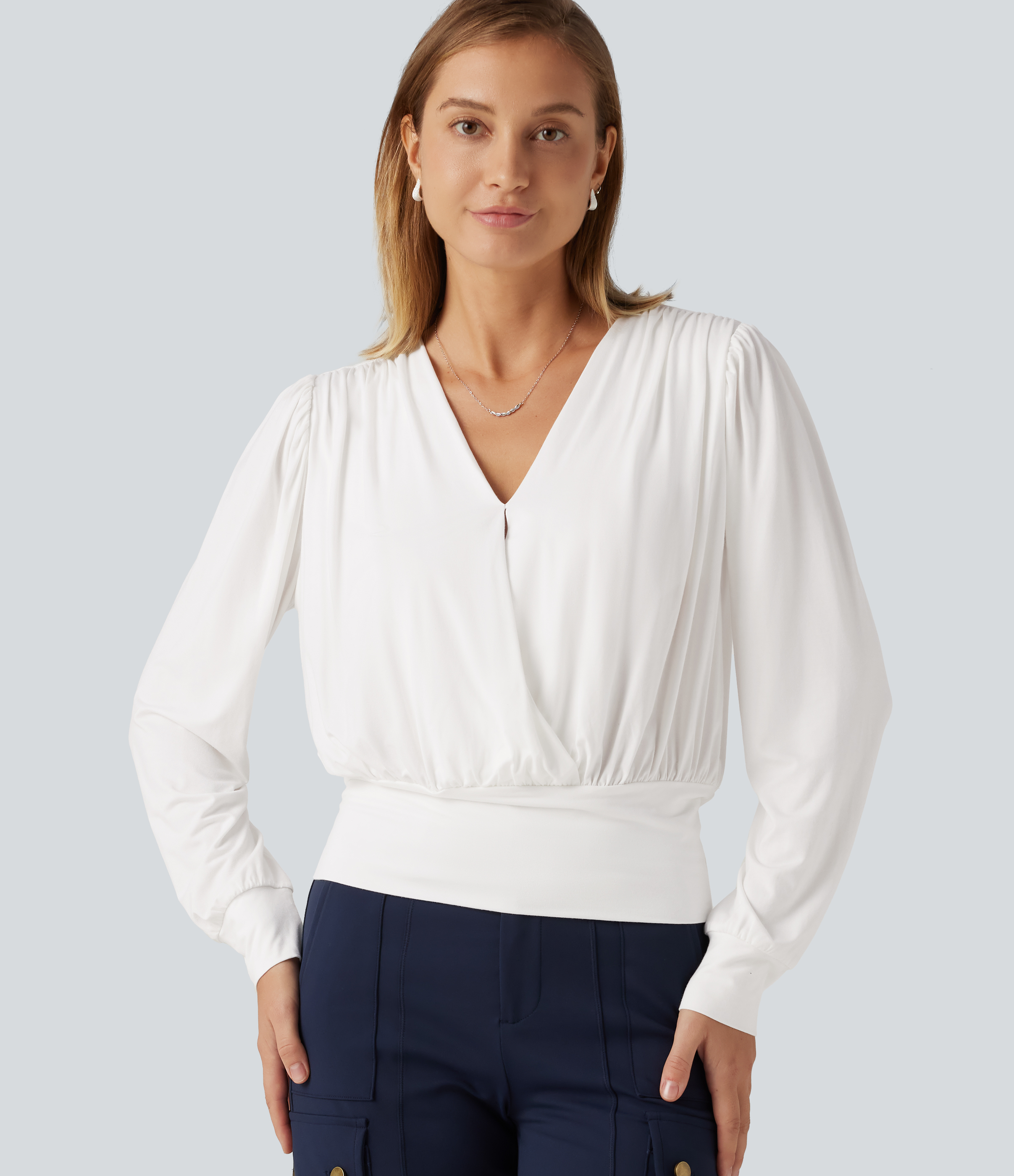 V Neck Long Sleeve Ruched Casual Top