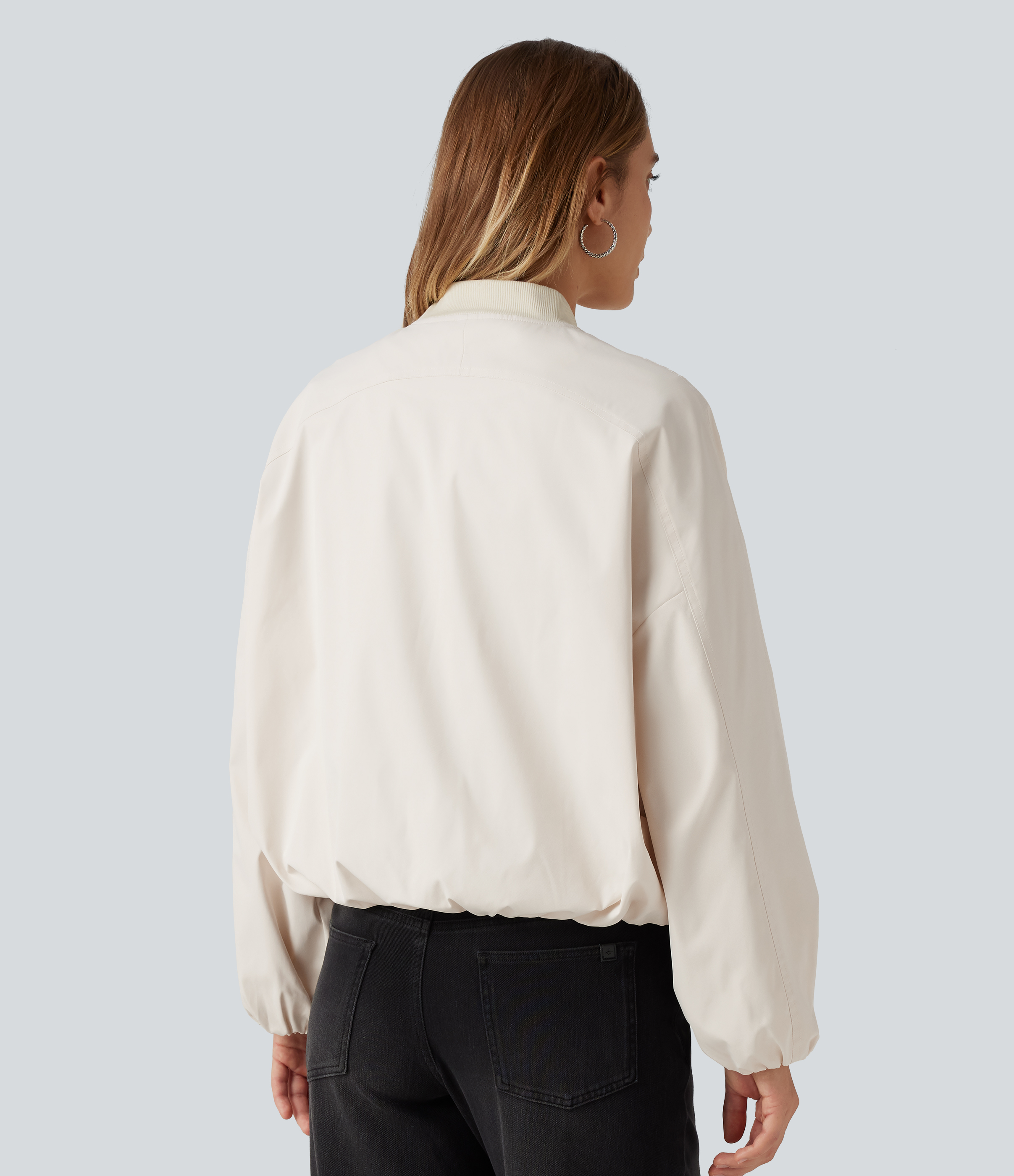 Rice Khaki Blouson bomber décontracté à col rond et manches longues, avec poches. / 2