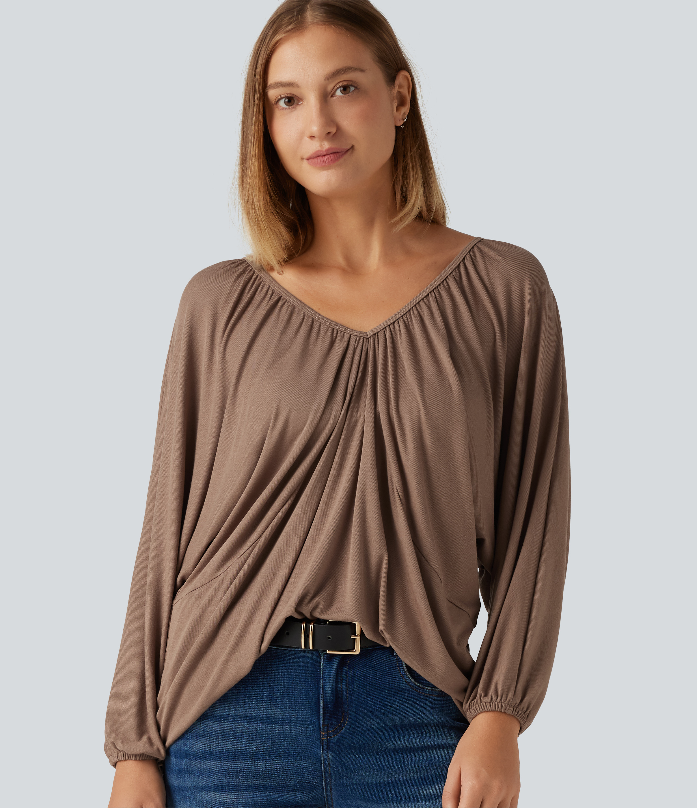V Neck Batwing Long Sleeve Tie Ruched Casual Blouse