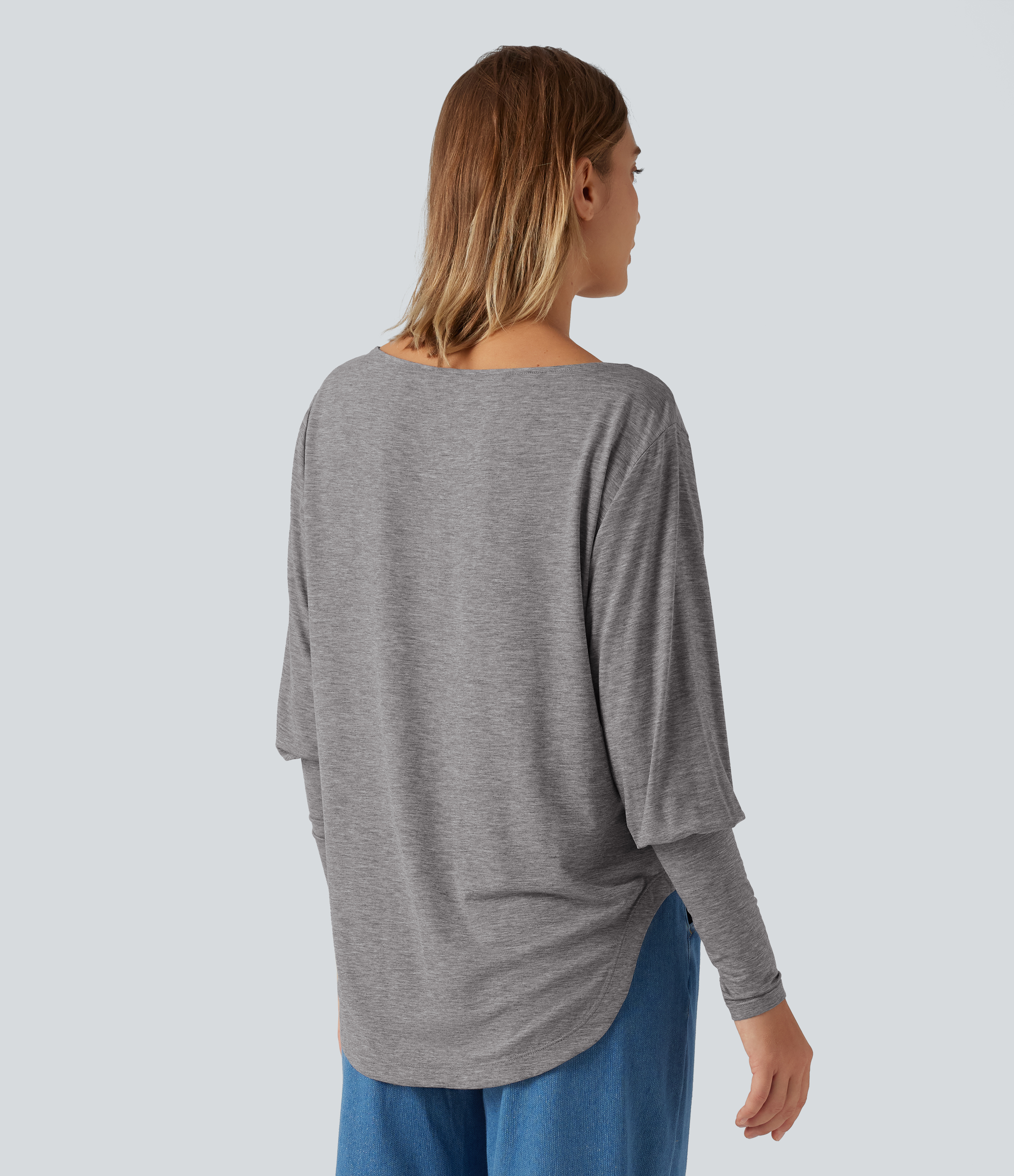 Nickel Cloud Boat Neck Long Batwing Sleeve Curved Hem Casual Wool-Blend Top / 2