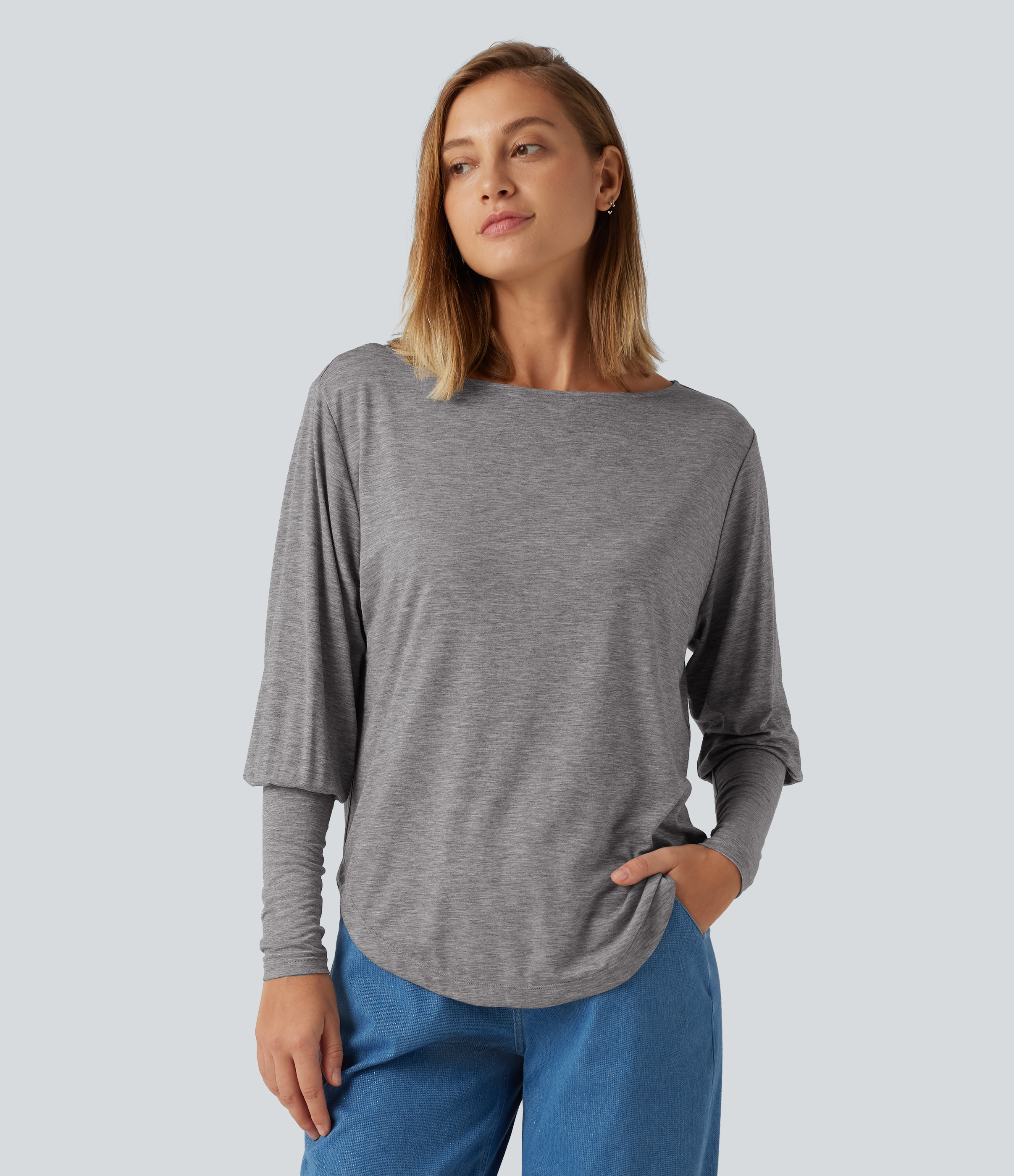 Boat Neck Long Batwing Sleeve Curved Hem Casual Wool-Blend Top