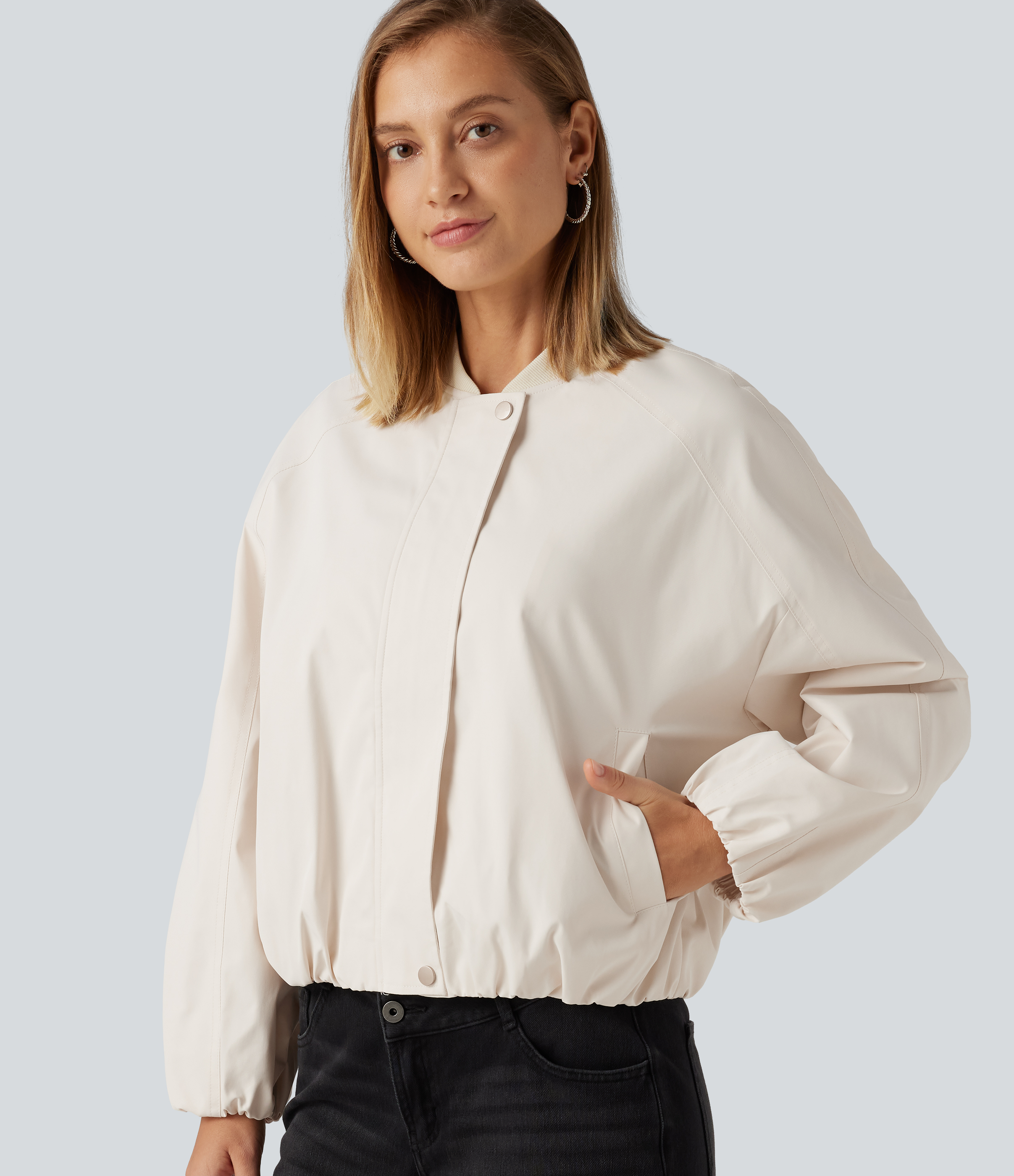 Round Neck Long Sleeve Casual Bomber Jacket with Pockets