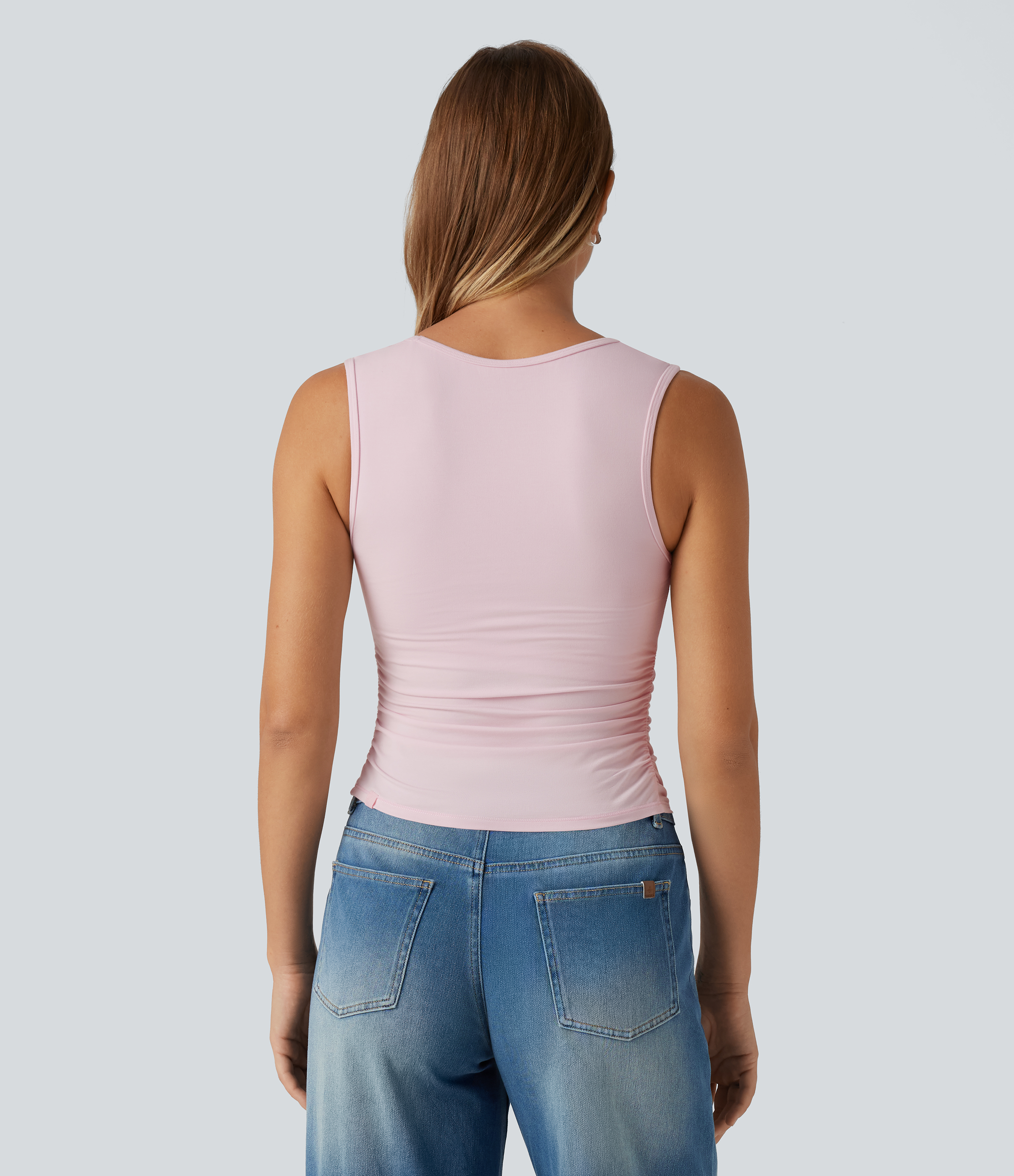 Parfait Pink Débardeur décontracté à encolure en V avec soutien-gorge intégré et fronces / 2