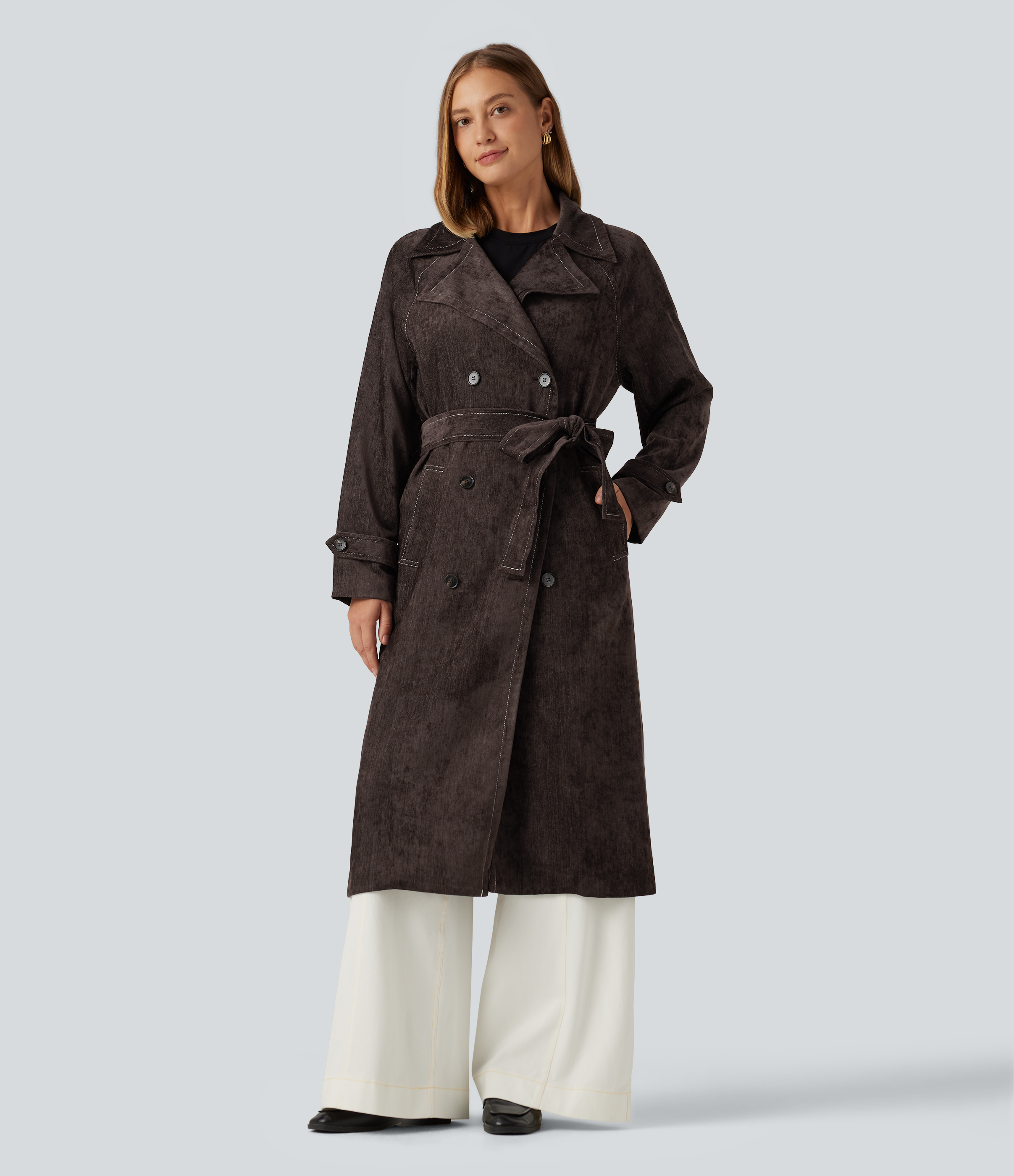 Long Sleeve Belted Longline Work Jacket with Pockets