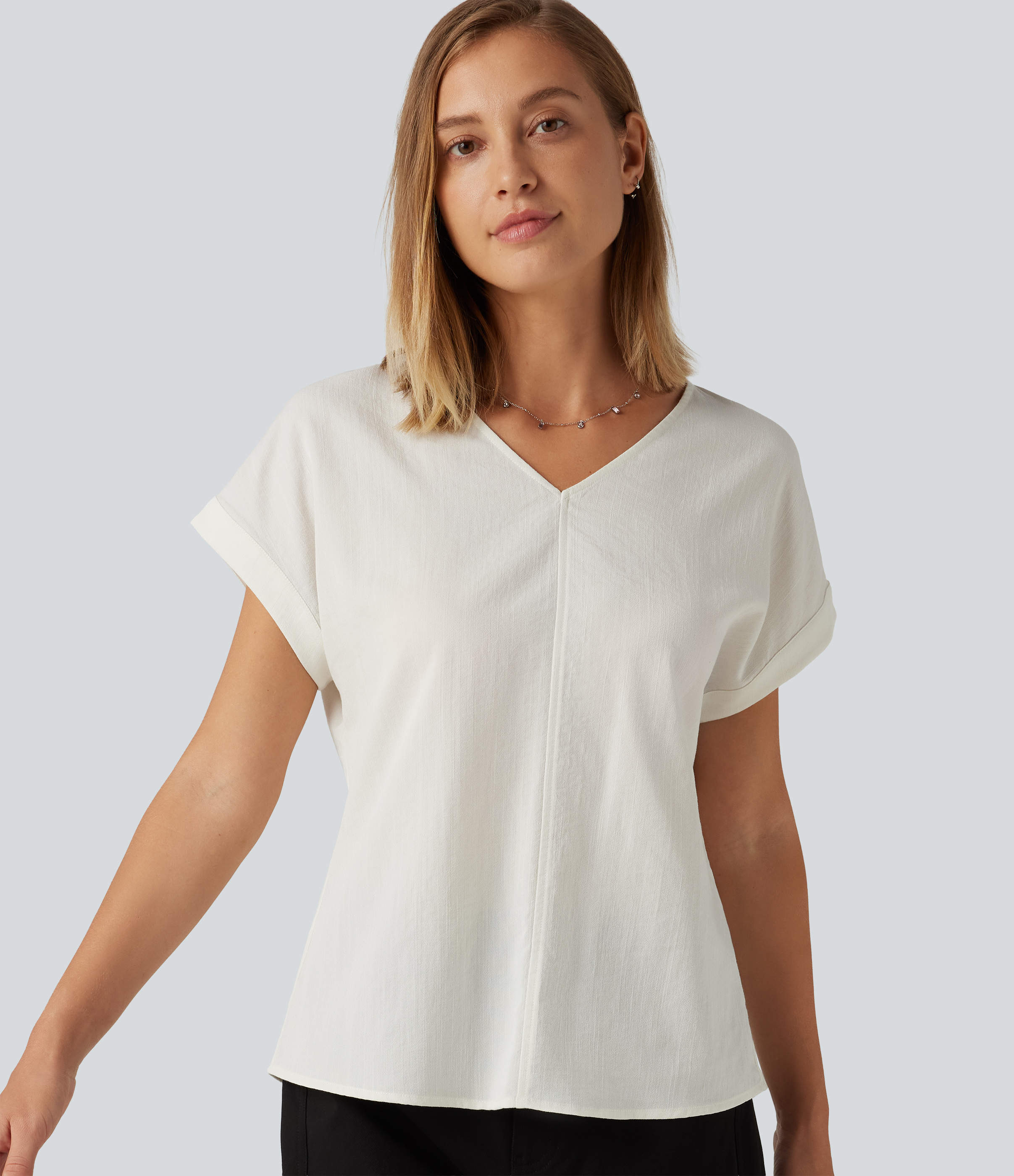 V Neck Short Sleeve Linen-Feel Casual Blouse