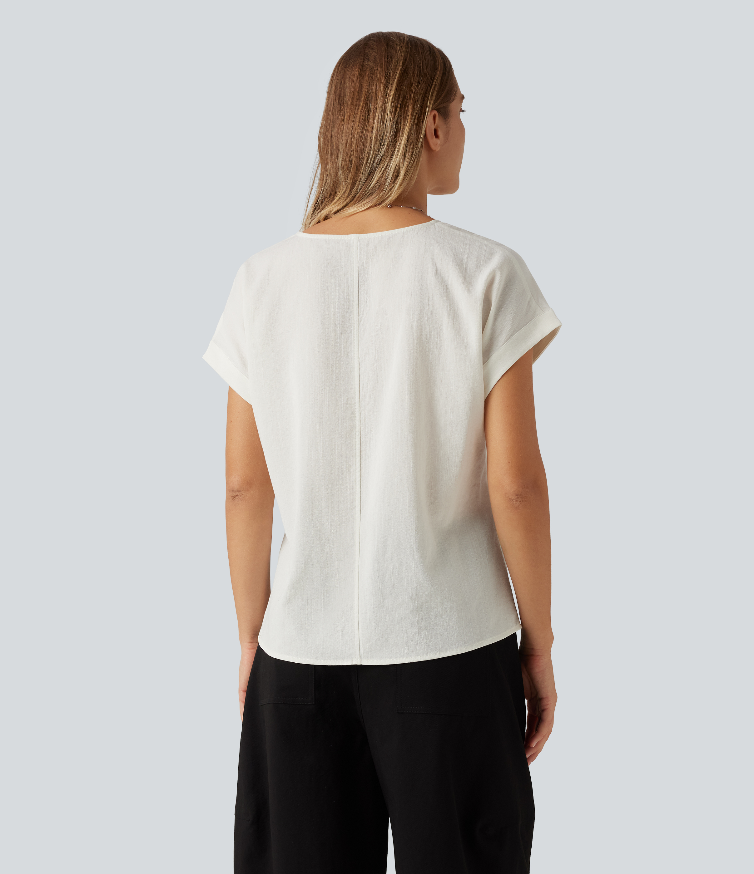 Marshmallow V Neck Short Sleeve Linen-Feel Casual Blouse / 2
