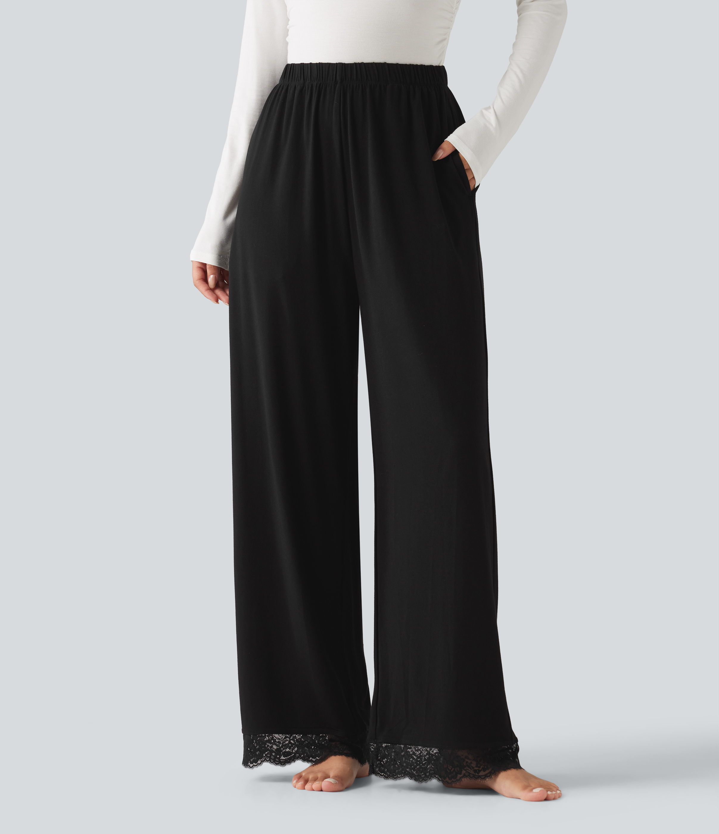 Mid Rise Contrast Lace Wide Leg Lounge Pants with Pockets
