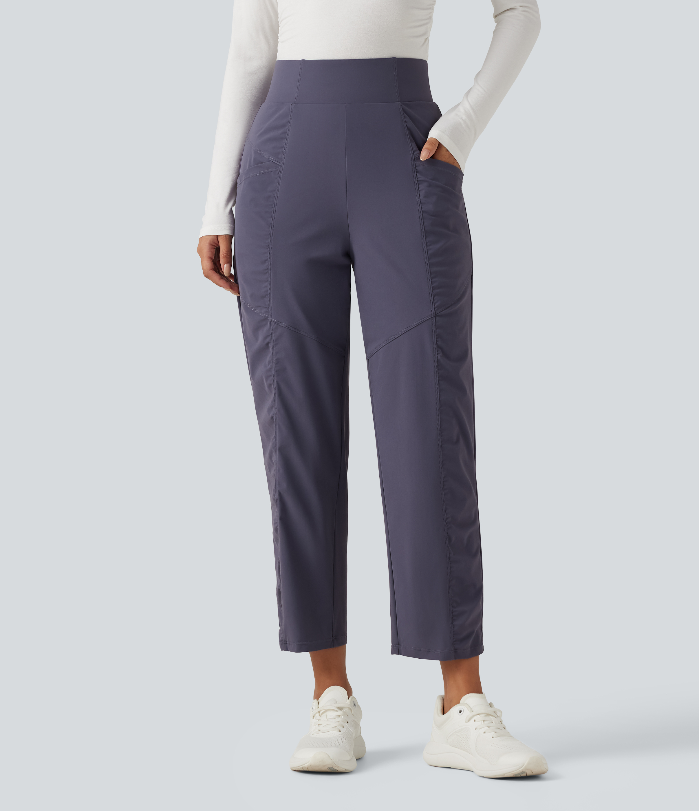 Charcoal Blue High Waisted Ruched Tapered Quick Dry Running Pants with Pockets / 2