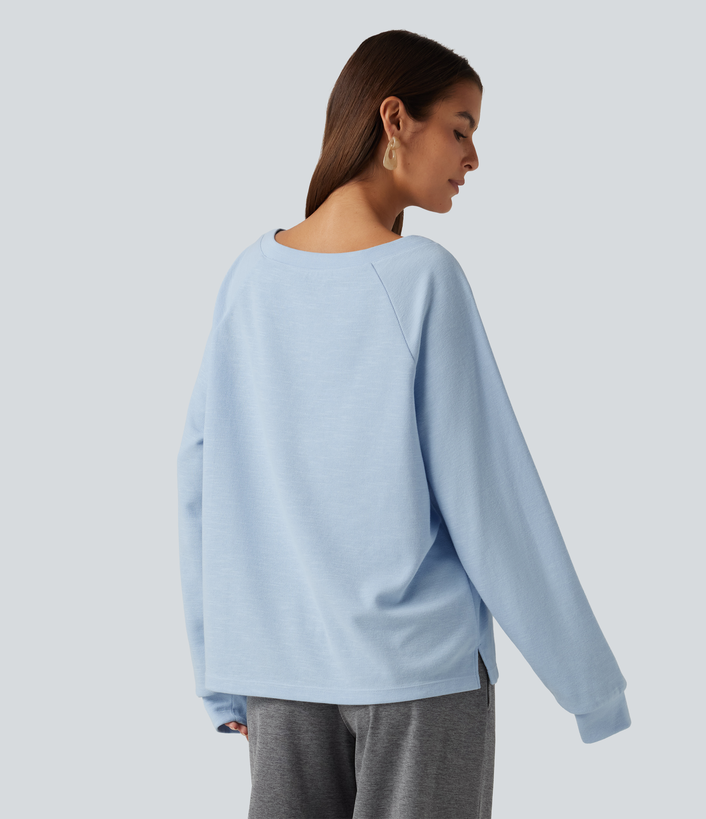 Sky Blue Foam Boat Neck Raglan Long Sleeve Built-in Bra Casual Cotton Sweatshirt / 2