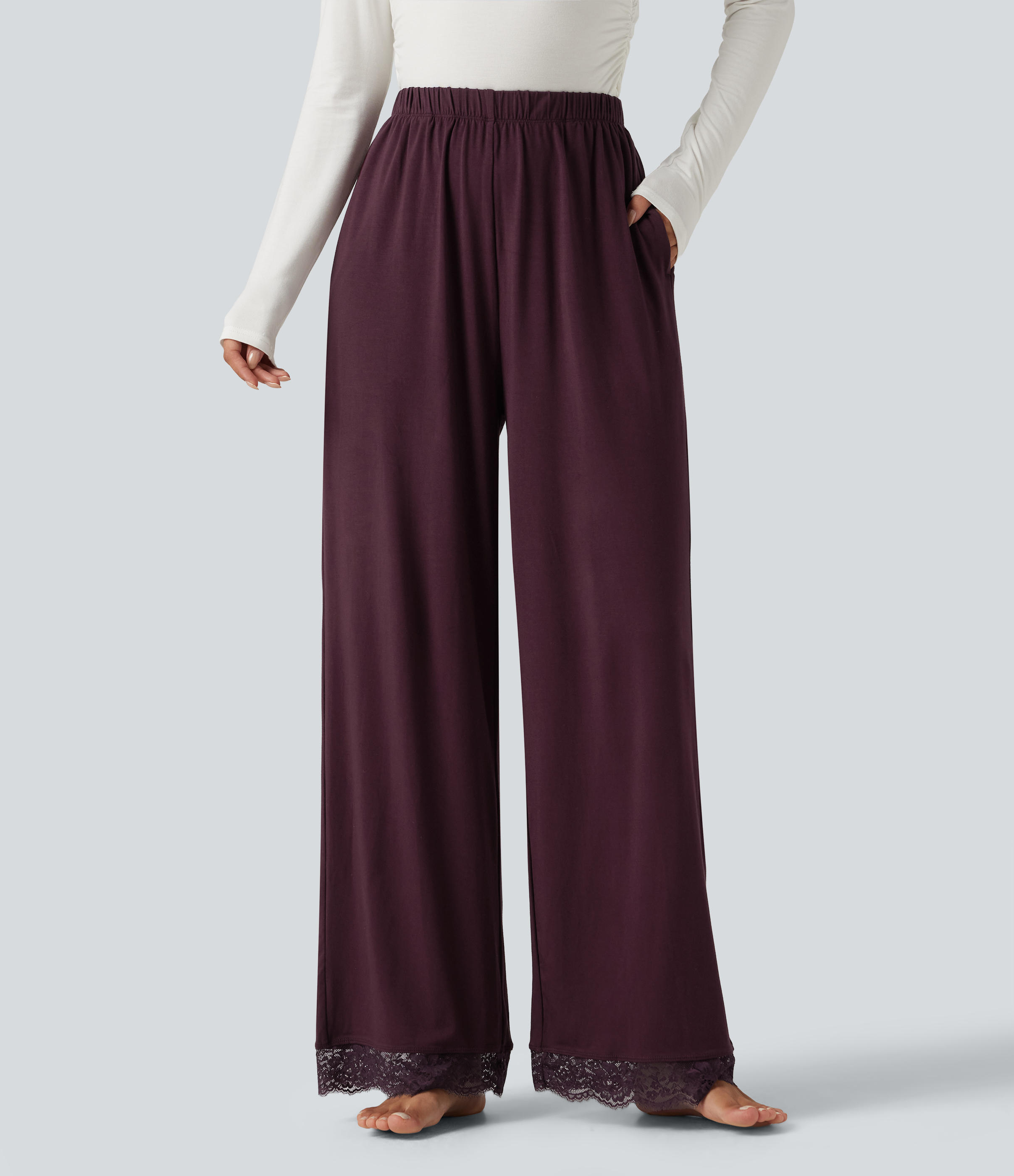 Mid Rise Contrast Lace Wide Leg Lounge Pants with Pockets