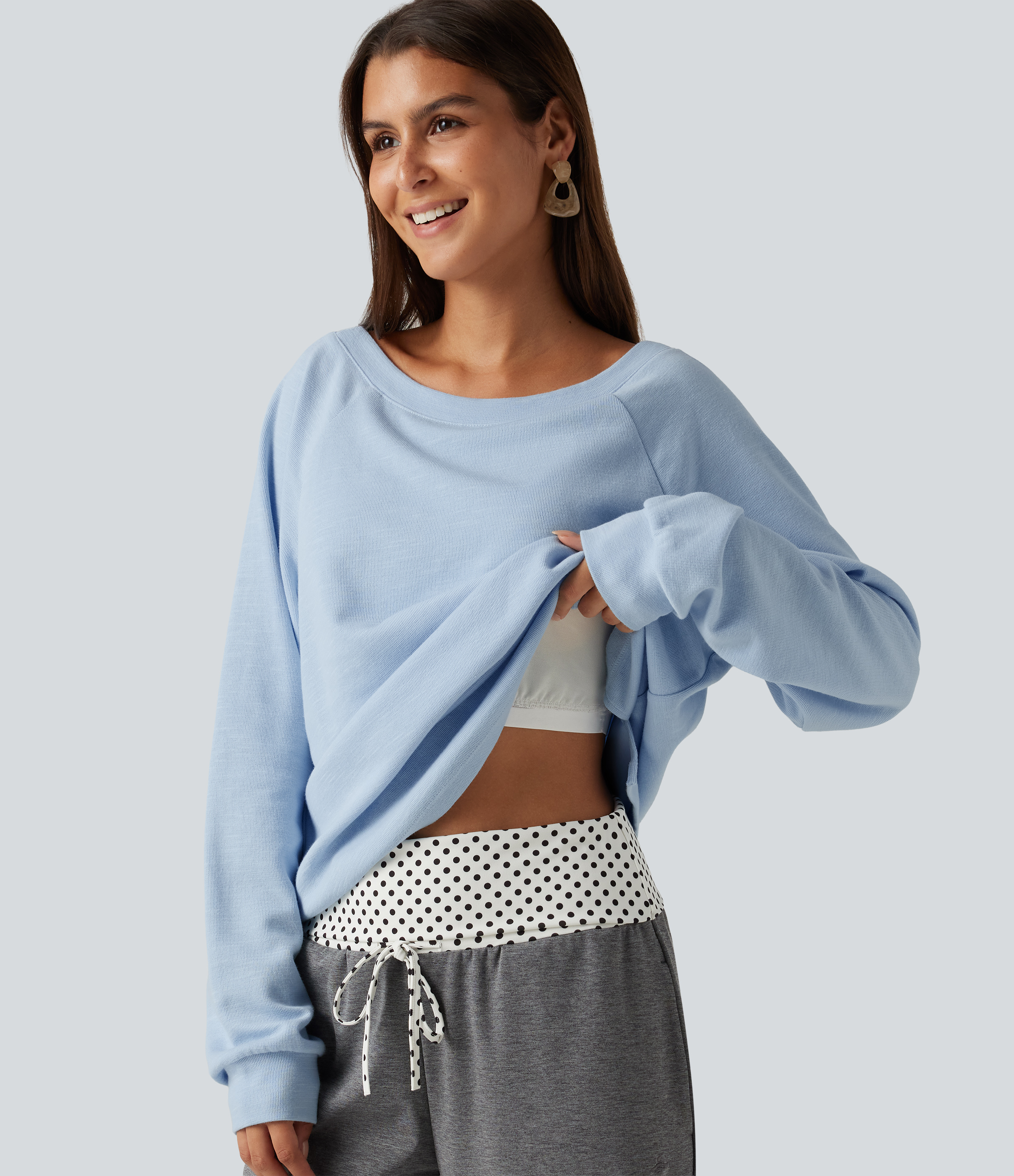 Boat Neck Raglan Long Sleeve Built-in Bra Casual Cotton Sweatshirt
