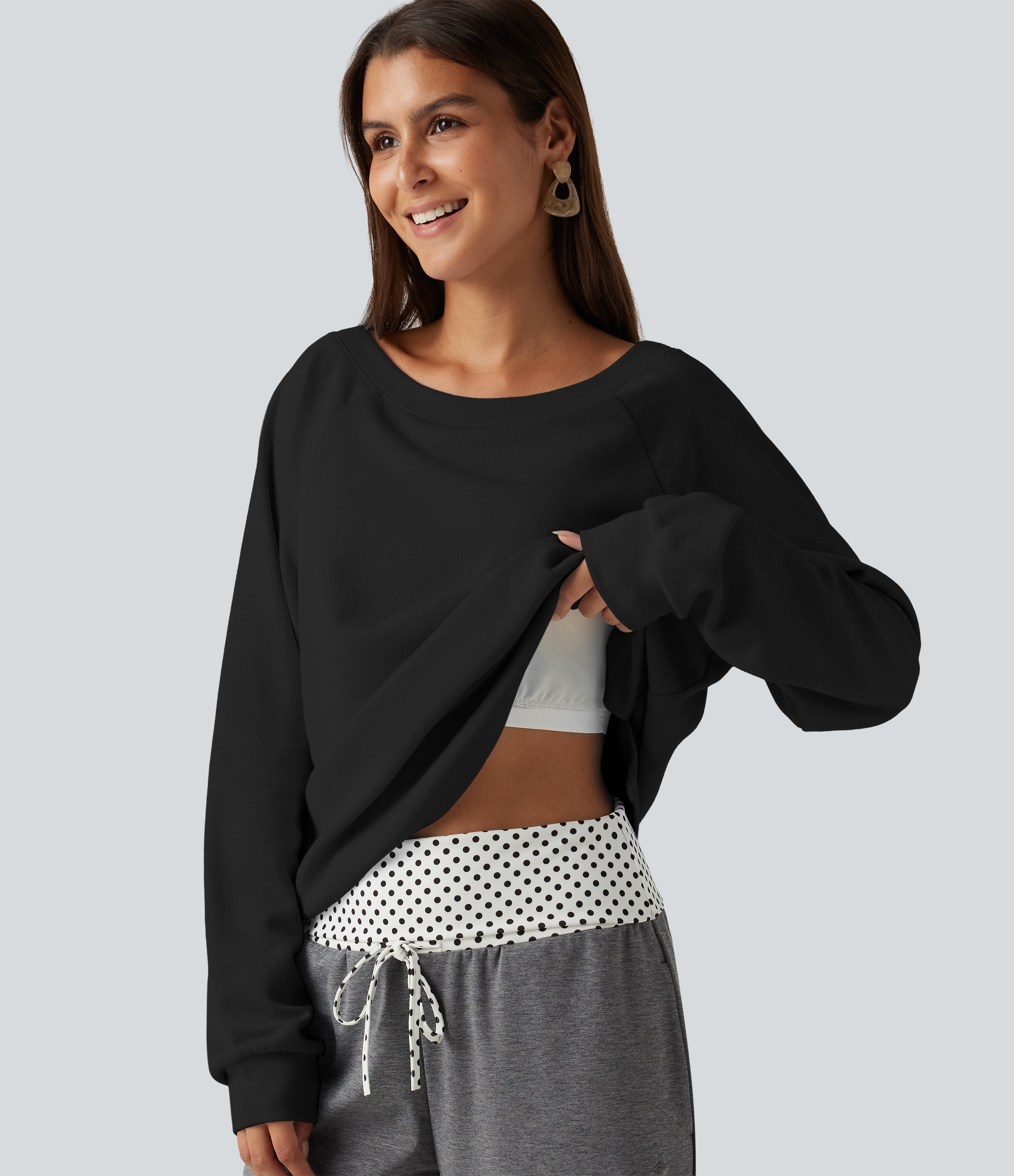 Boat Neck Raglan Long Sleeve Built-in Bra Casual Cotton Sweatshirt