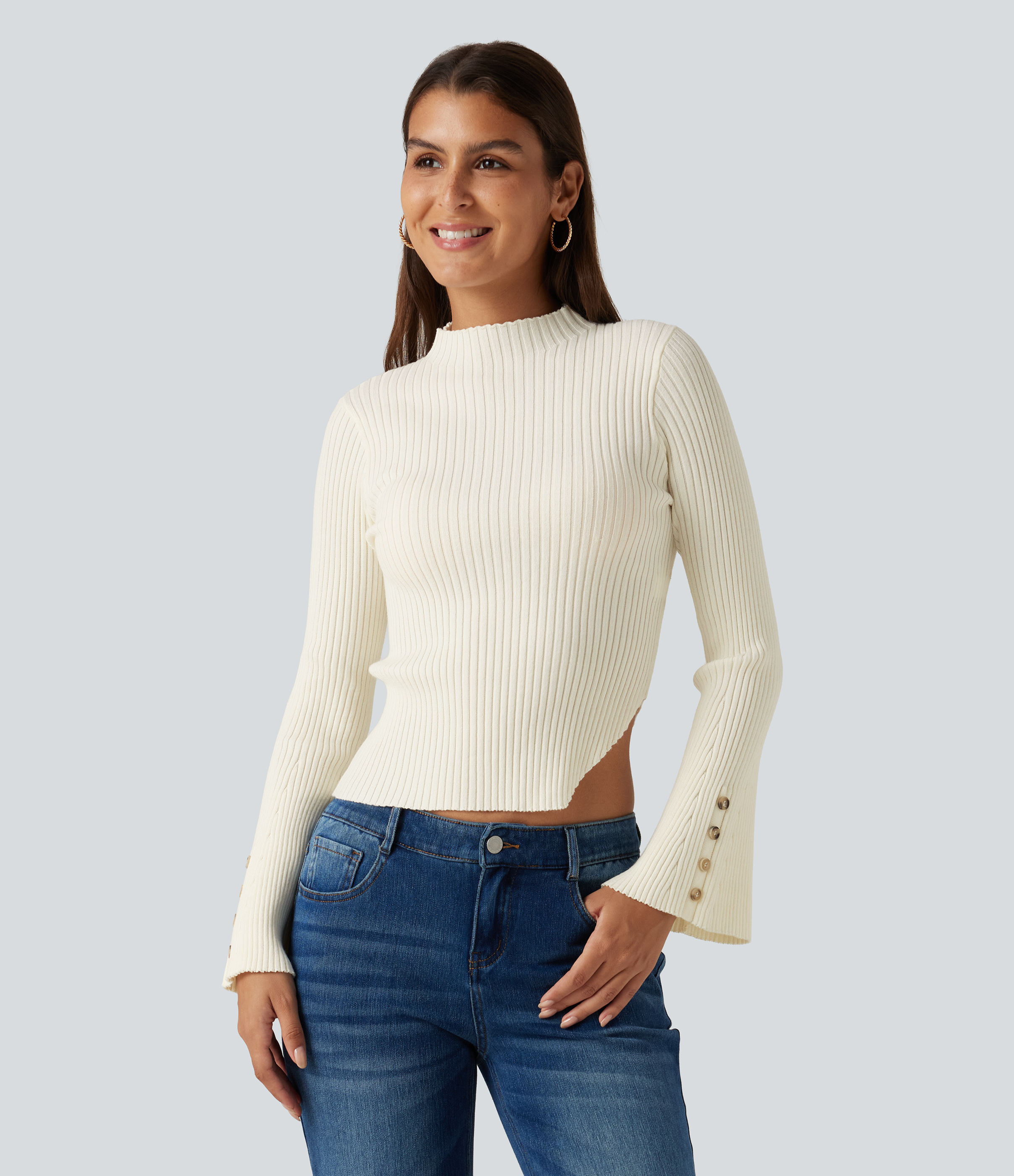 Ribbed Knit Stand Collar Flounce Sleeves Asymmetric Hem Slim Work Sweater