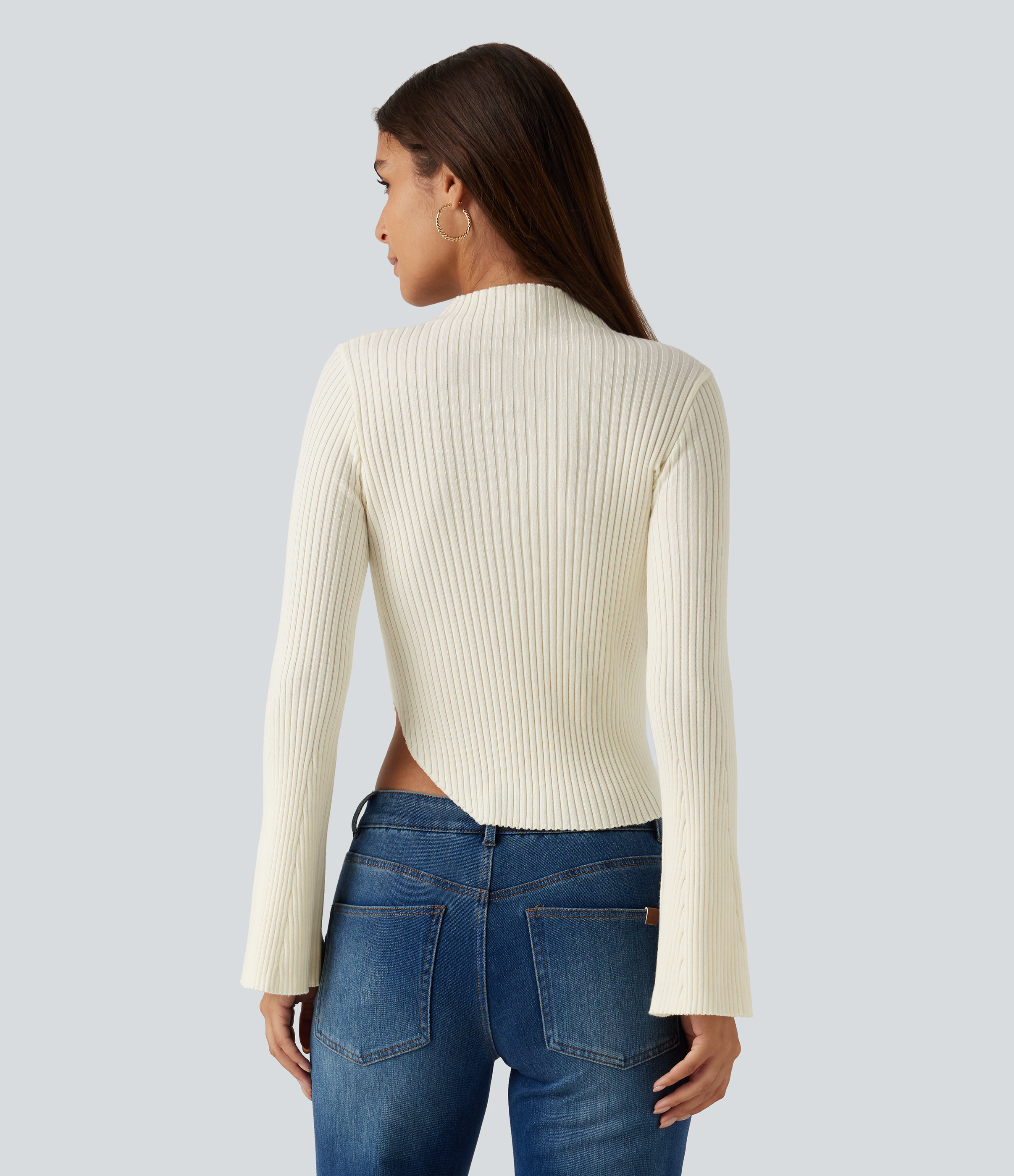 Snow White Oak Ribbed Knit Stand Collar Flounce Sleeves Asymmetric Hem Slim Work Sweater / 2