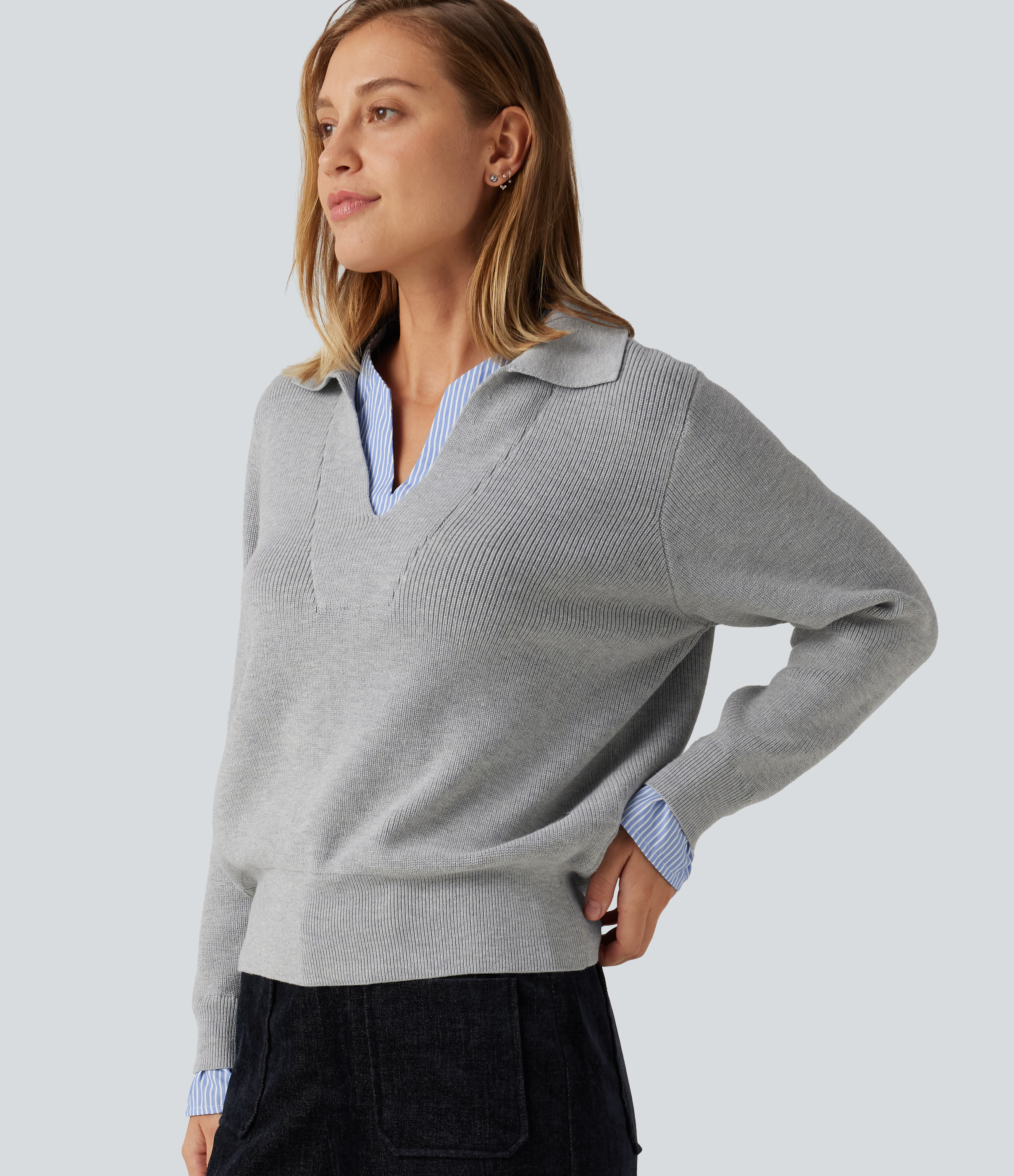 Collared V Neck Long Sleeve 2-in-1 Work Sweater