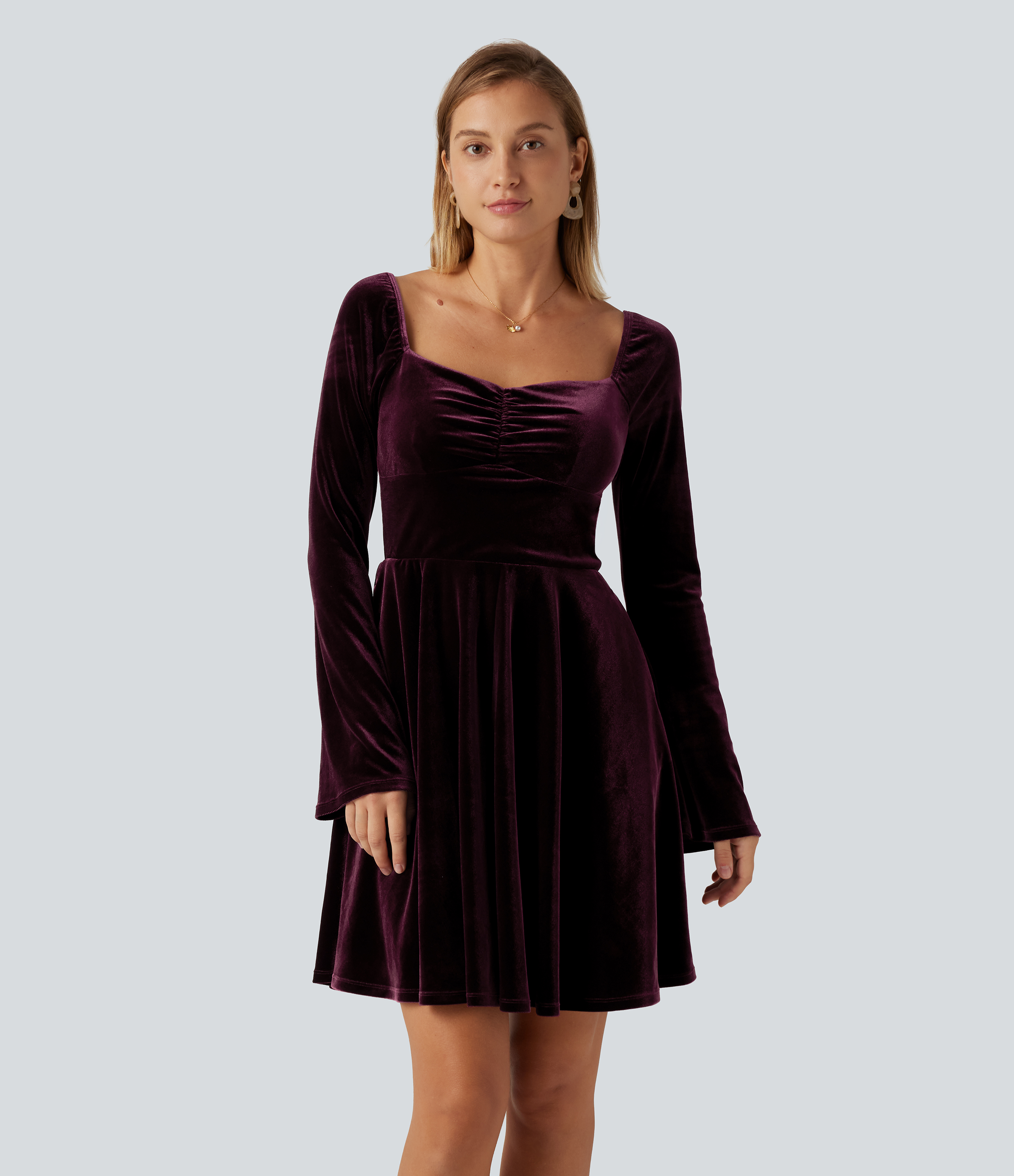 Diamond Collar Long Sleeve Ruched A-Line Velvet Mini Party Dress with Pockets
