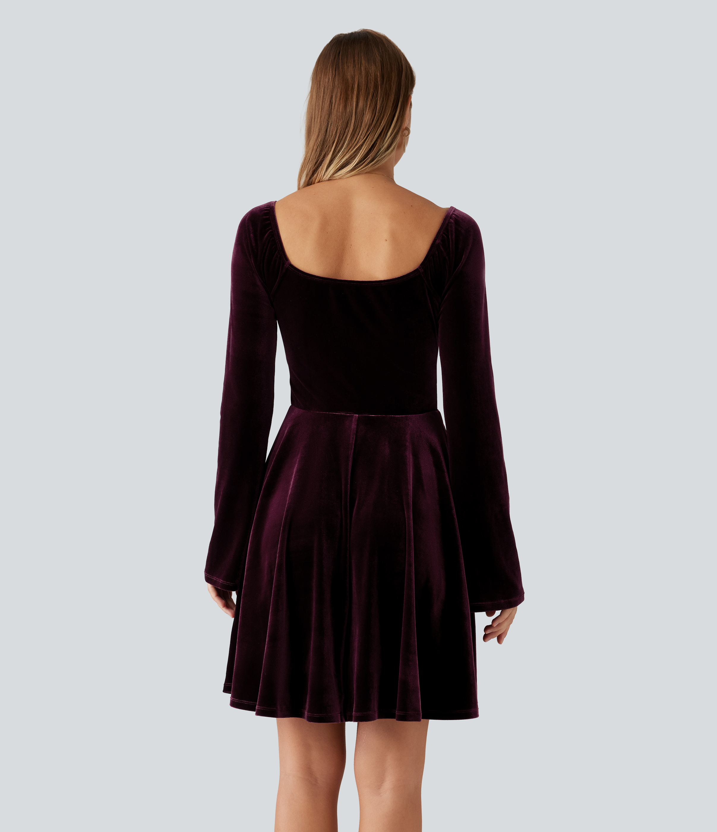 Dusky purple Diamond Collar Long Sleeve Ruched A-Line Velvet Party Mini Dress with Pockets / 2