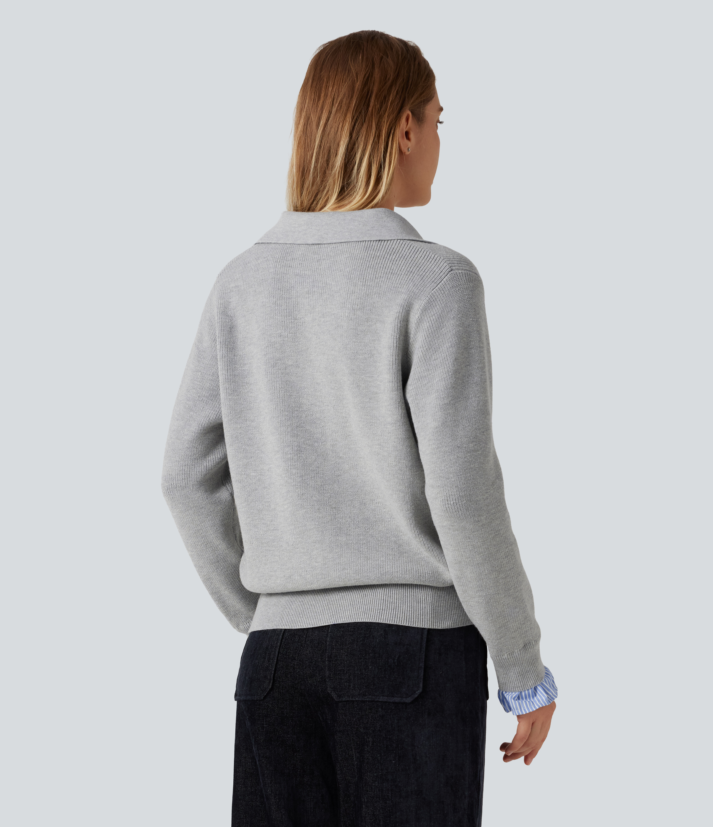 Fog Gray Collared V Neck Long Sleeve 2-in-1 Work Sweater / 2