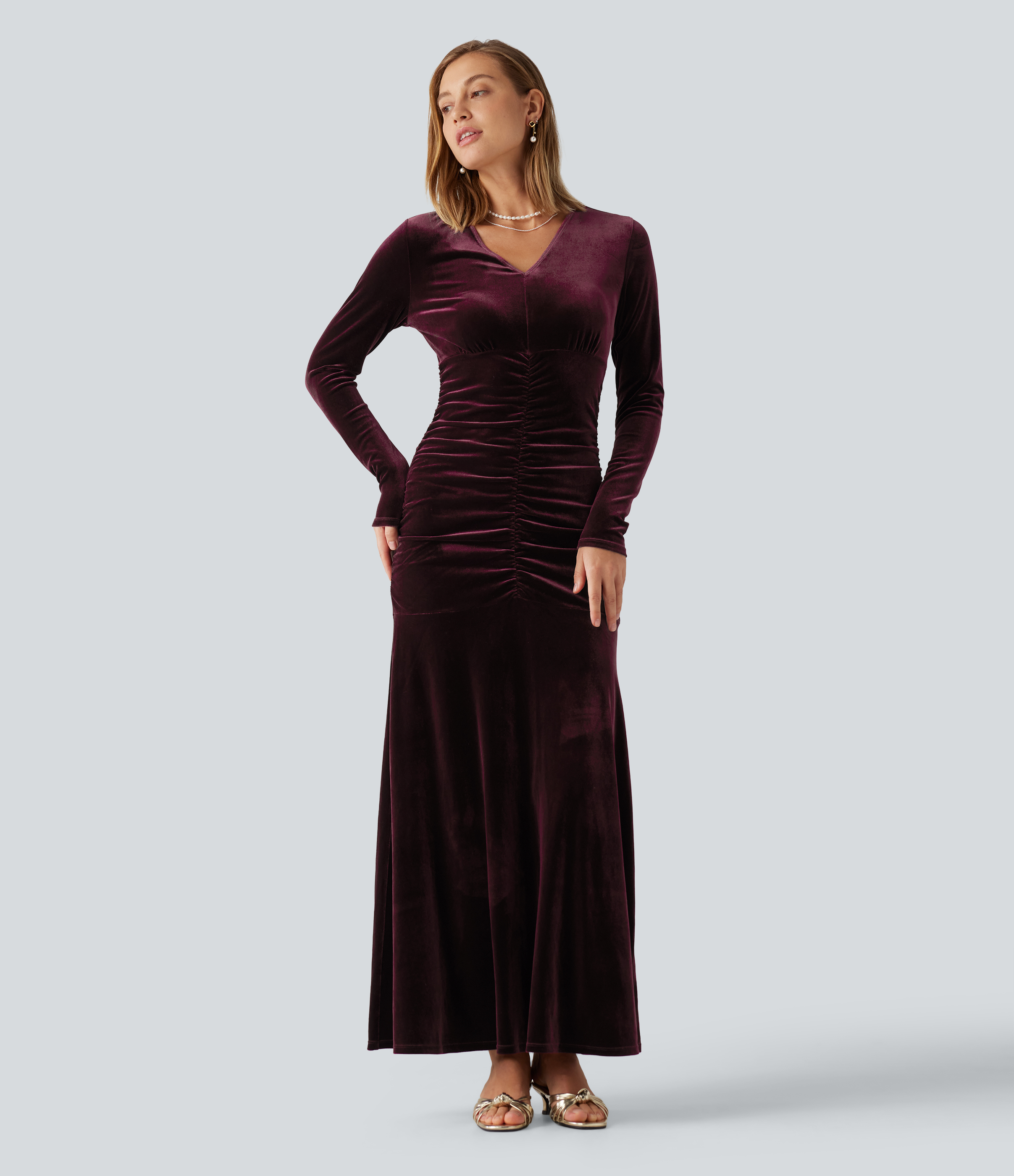 V Neck Long Sleeve Ruched Bodycon Velvet Party Maxi Dress