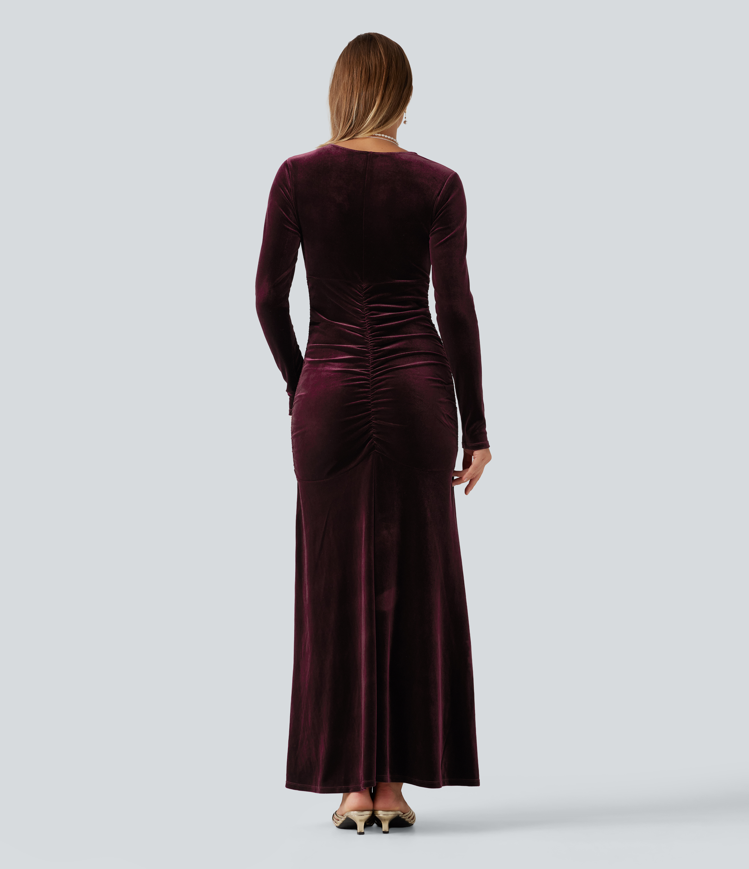 Dusky purple V Neck Long Sleeve Ruched Bodycon Velvet Party Maxi Dress / 2