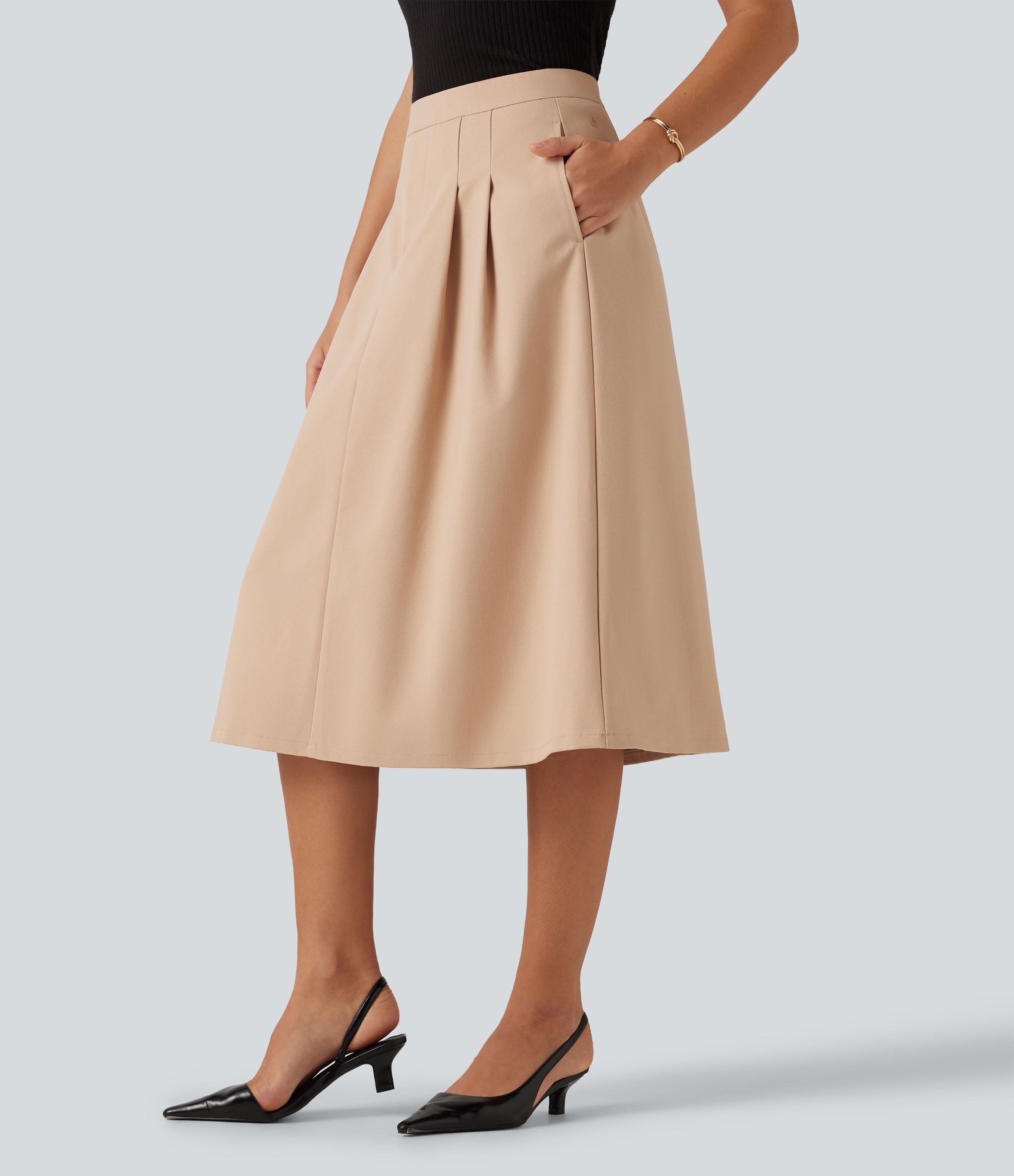 High Waisted A-Line Midi Work Skirt with Pockets