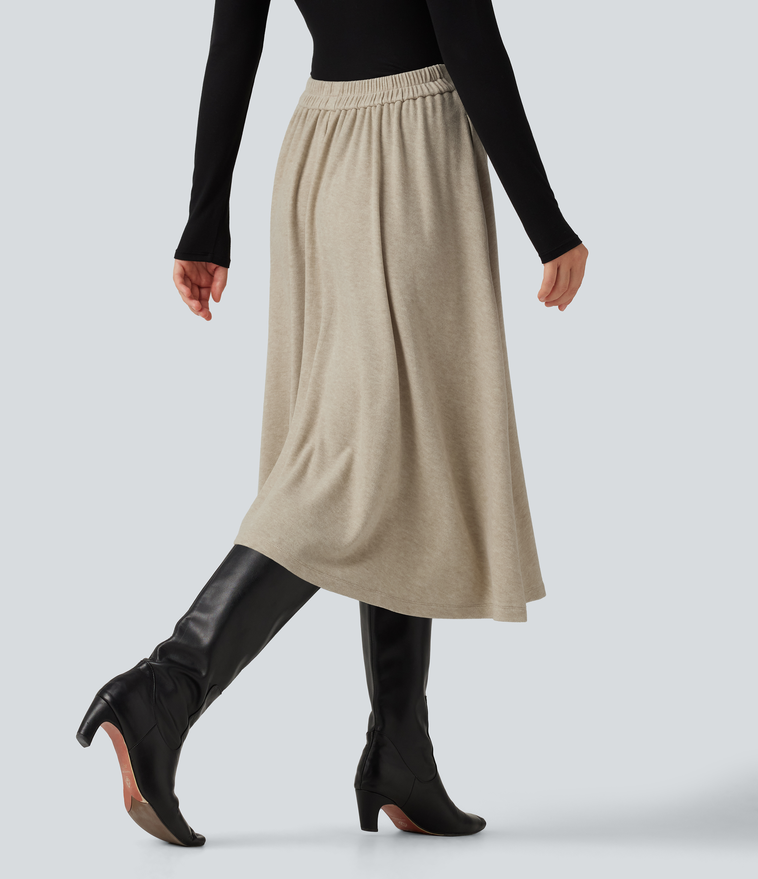 Oatmeal Khaki Falda midi de trabajo de talle alto, corte en A, con bolsillos / 2