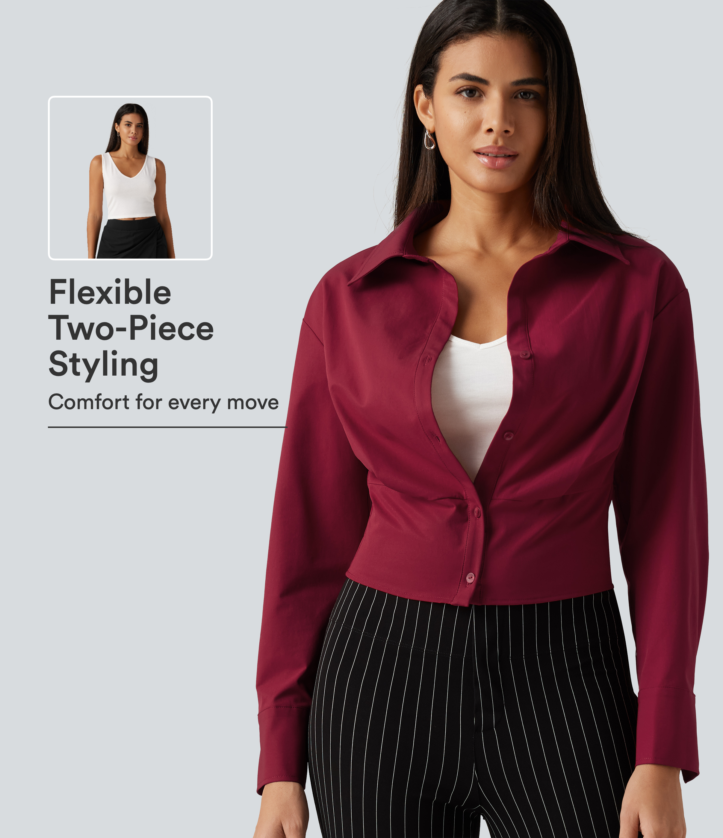 Long Sleeve Boxy Color Block Work Shirt with Tank Top Inside