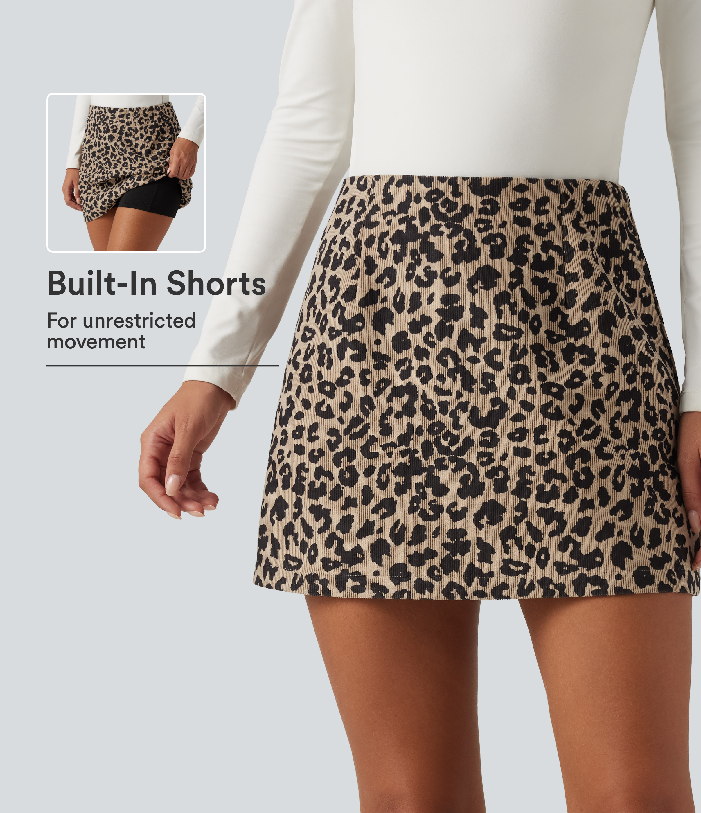 High Waisted 2-in-1 A-Line Leopard Print Corduroy Mini Casual Skirt with Pocket